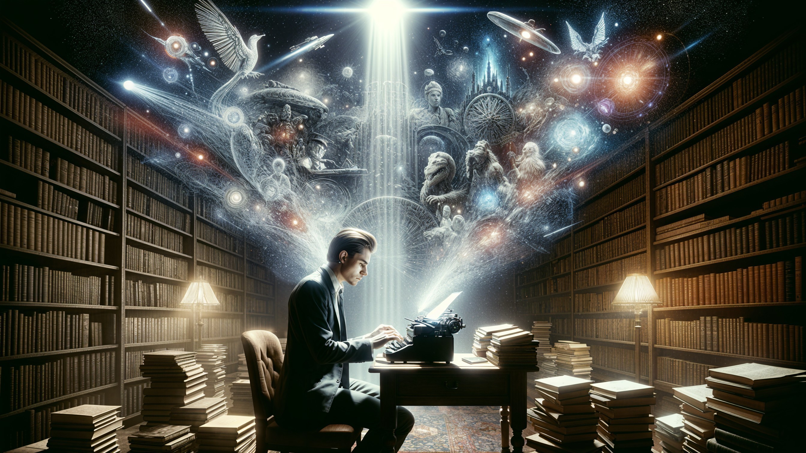Library Scene with Typewriter and Cosmic Display