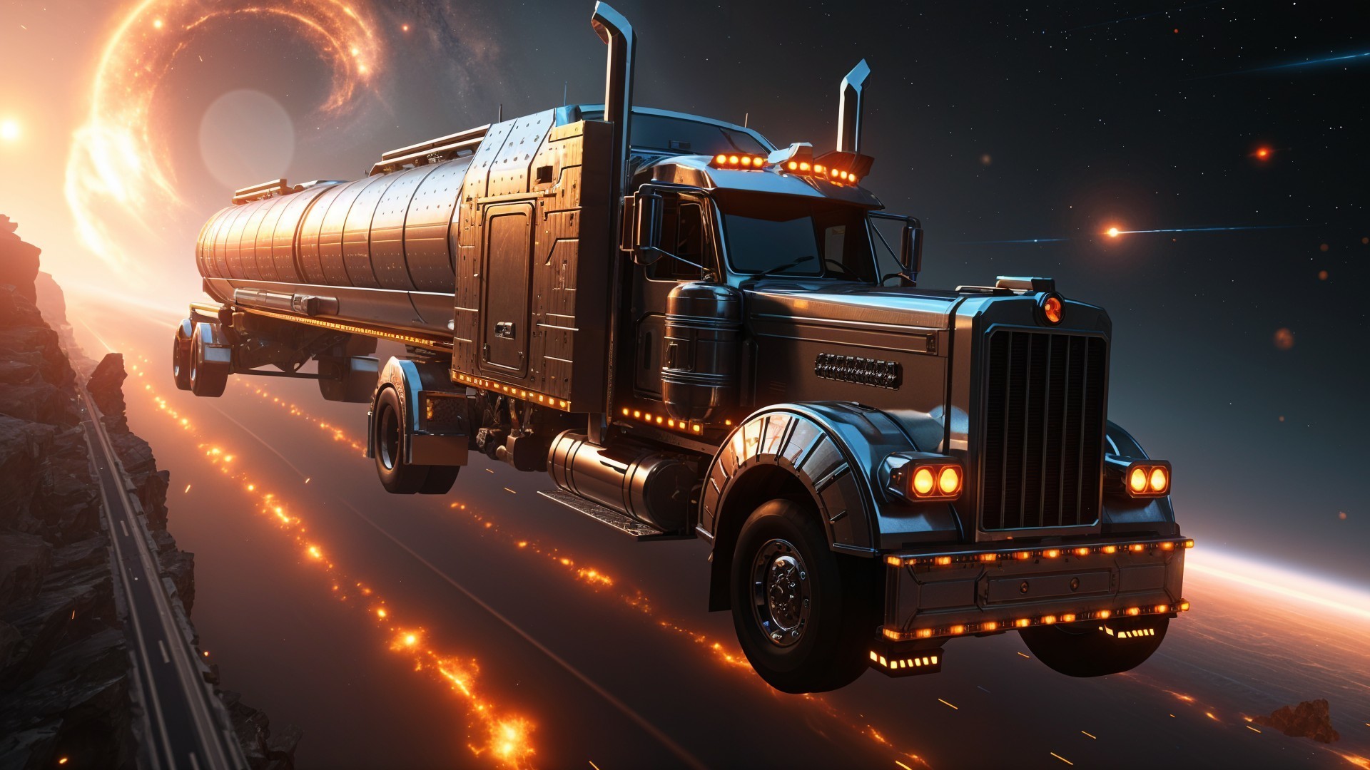 Futuristic Truck in Cosmic Landscape with Galaxies