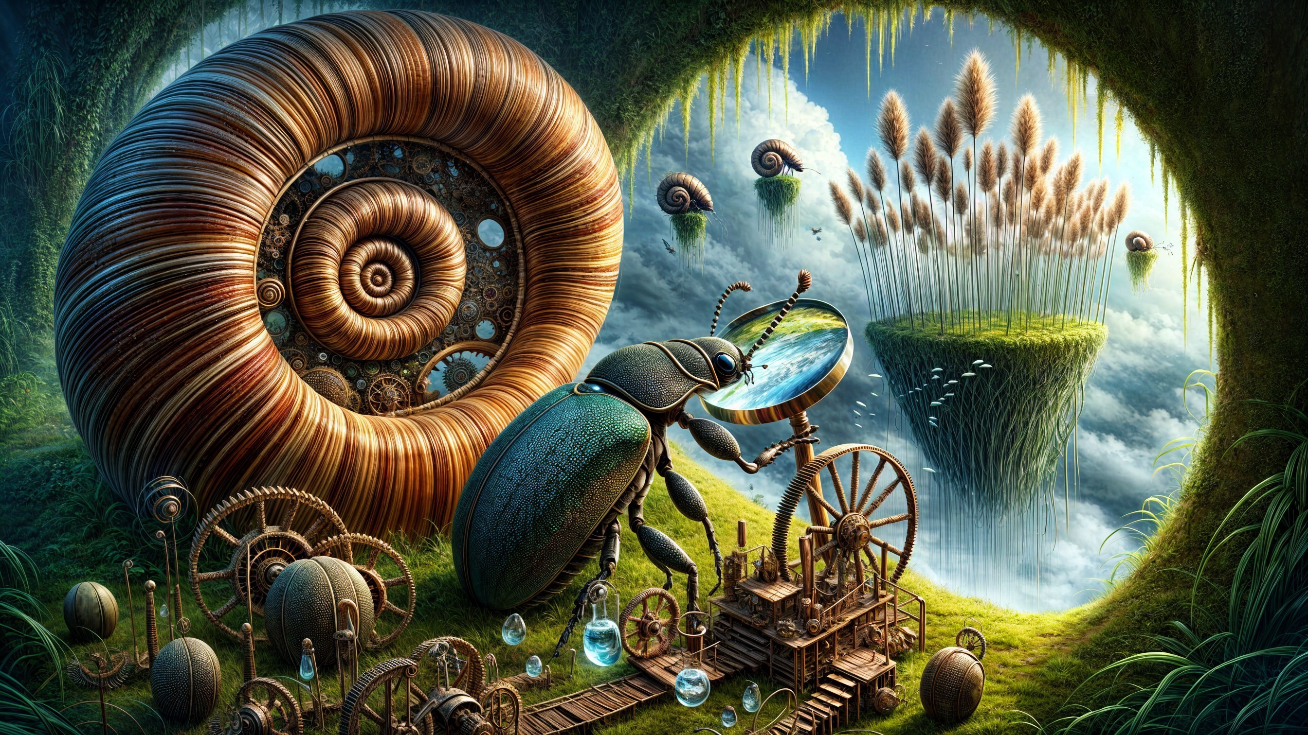 Giant Snail Shell and Beetle in a Dreamlike Landscape