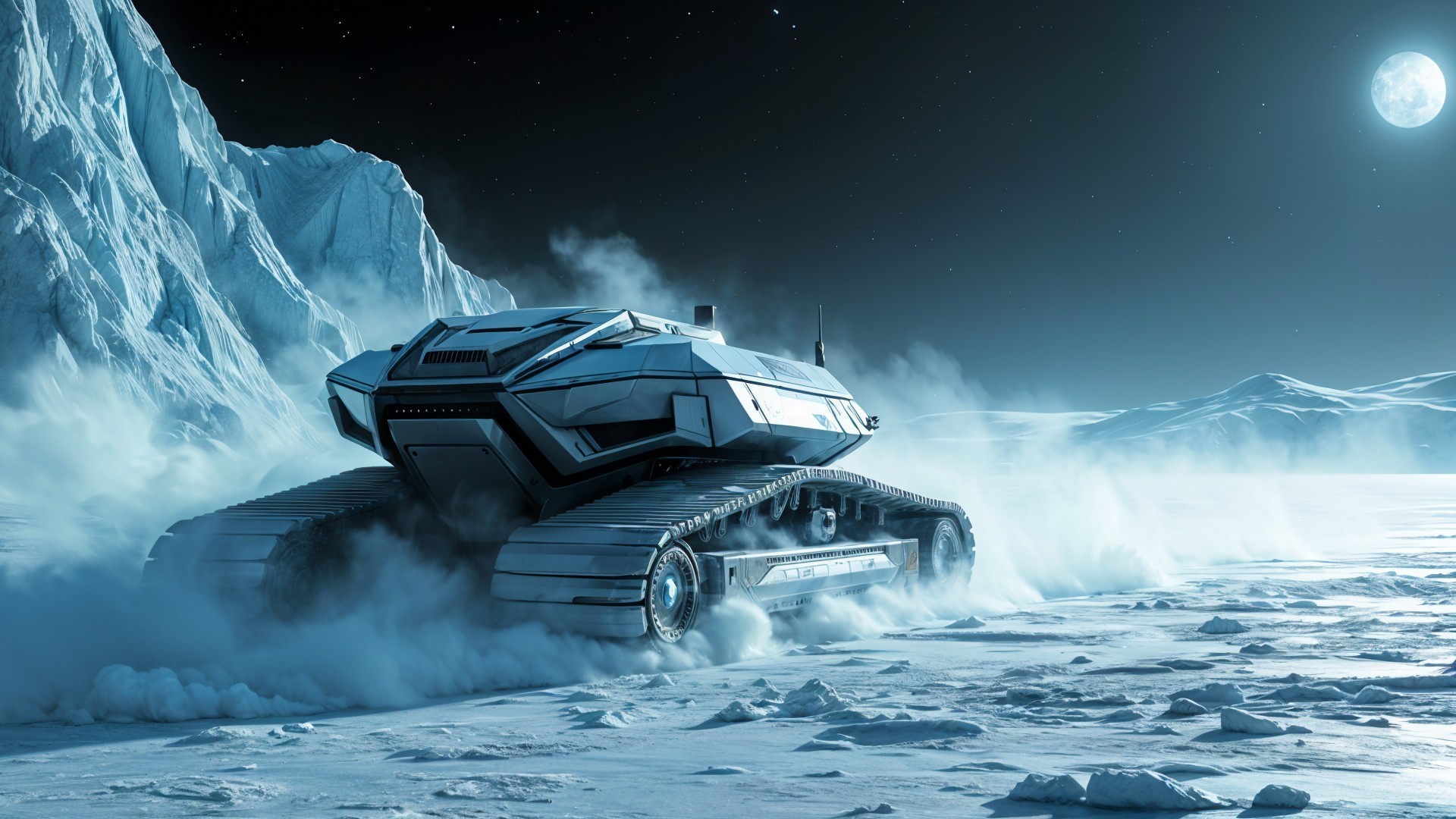 Futuristic vehicle in icy landscape under glowing moon