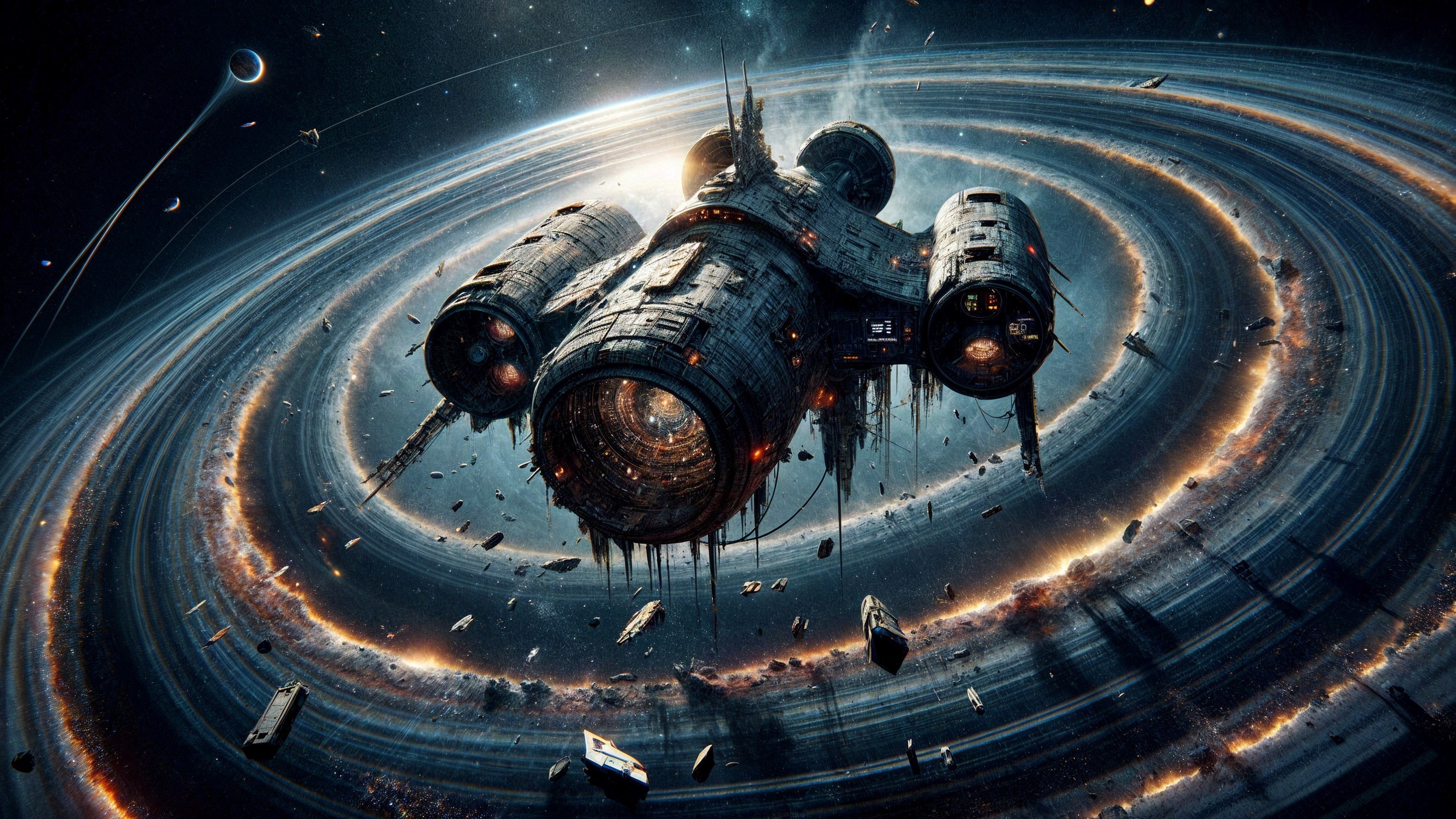 Futuristic spacecraft in vibrant rings of distant planet