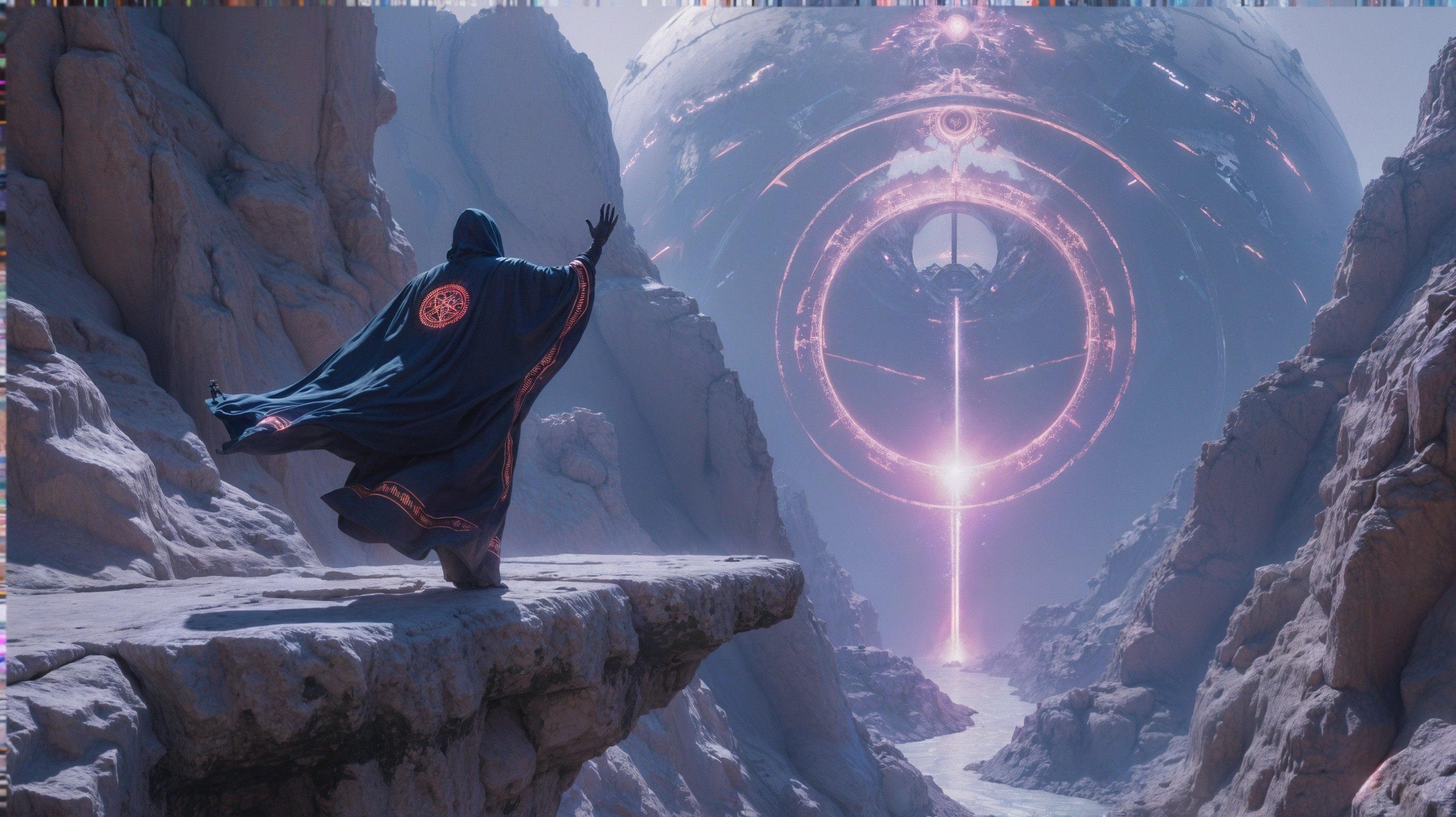 Cloaked Figure Reaches for Glowing Sphere in Landscape