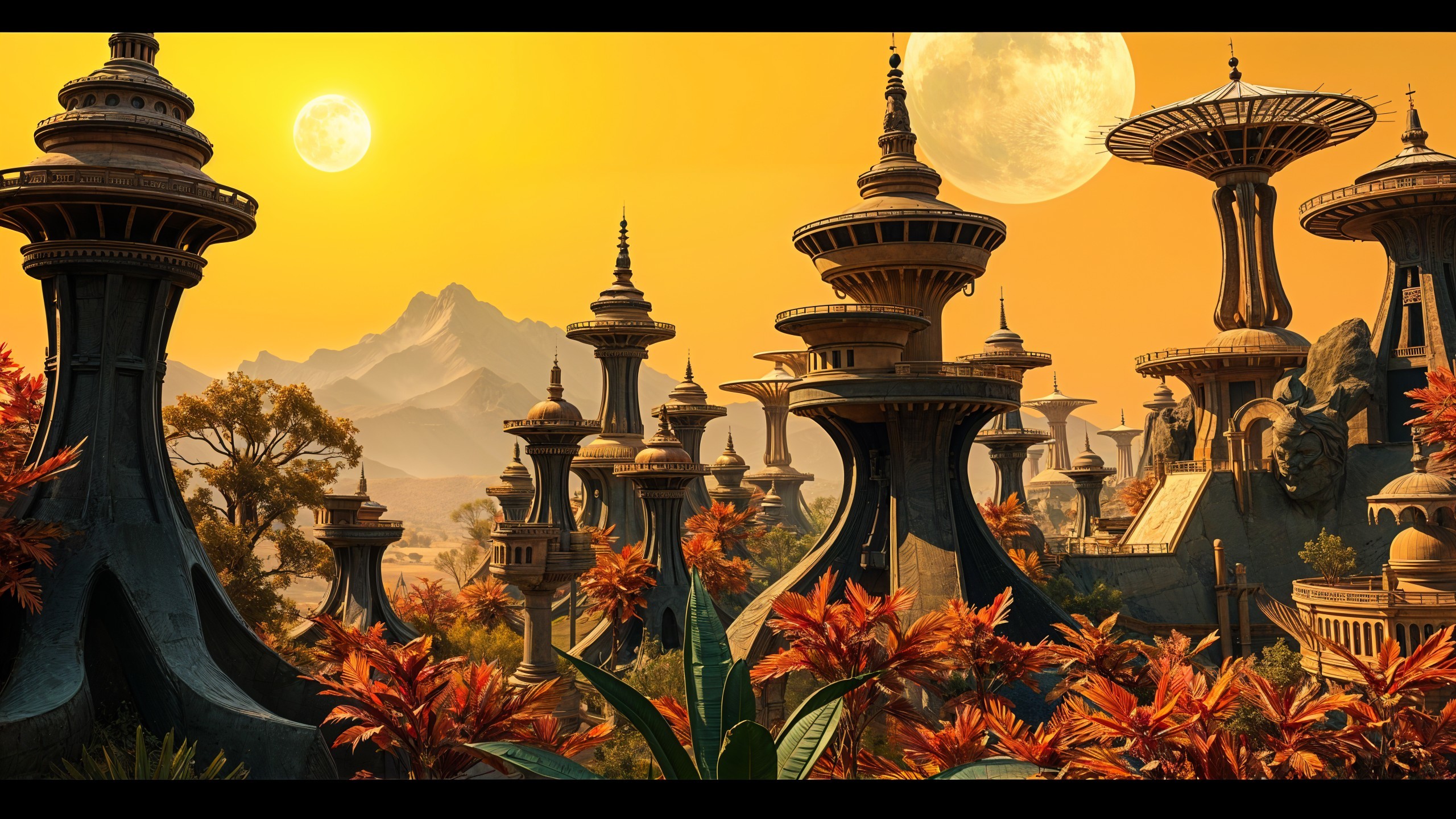 Futuristic Landscape with Moons and Towering Structures