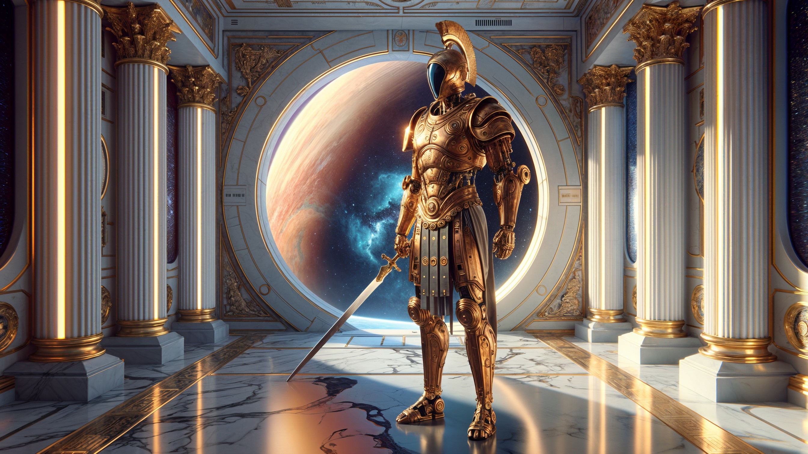 Warrior in Golden Armor in Grand Hall with Planet View