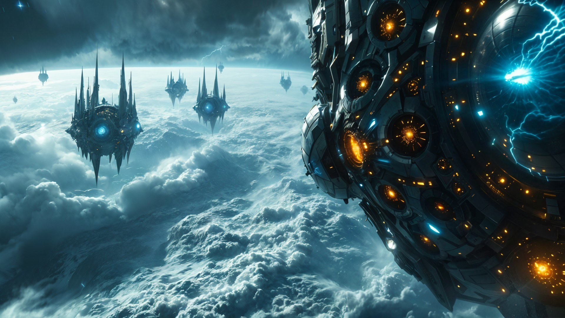 Futuristic Structures Above Turbulent Cloud Sea