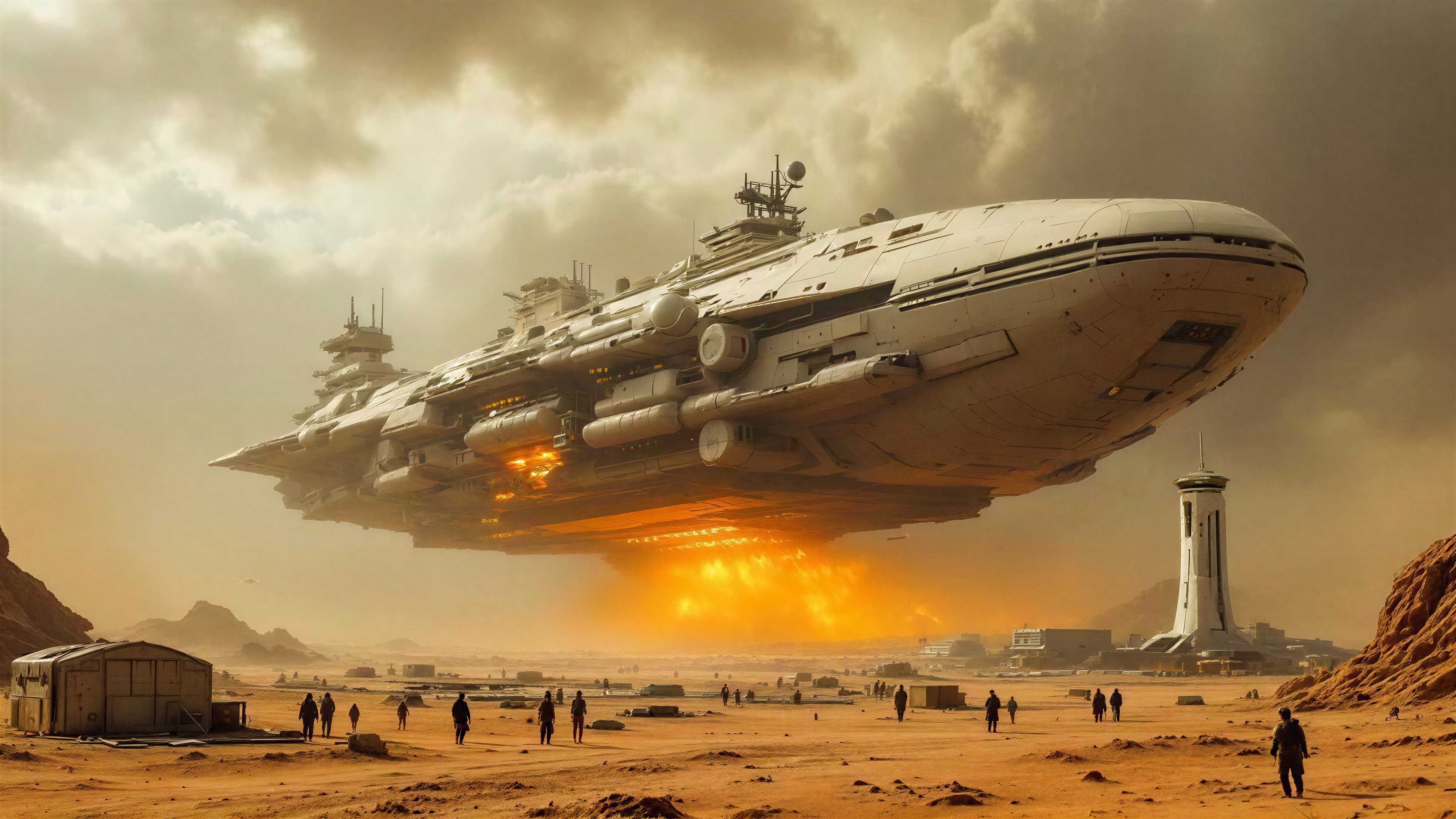 Colossal Gray Spaceship Over Desert Landscape