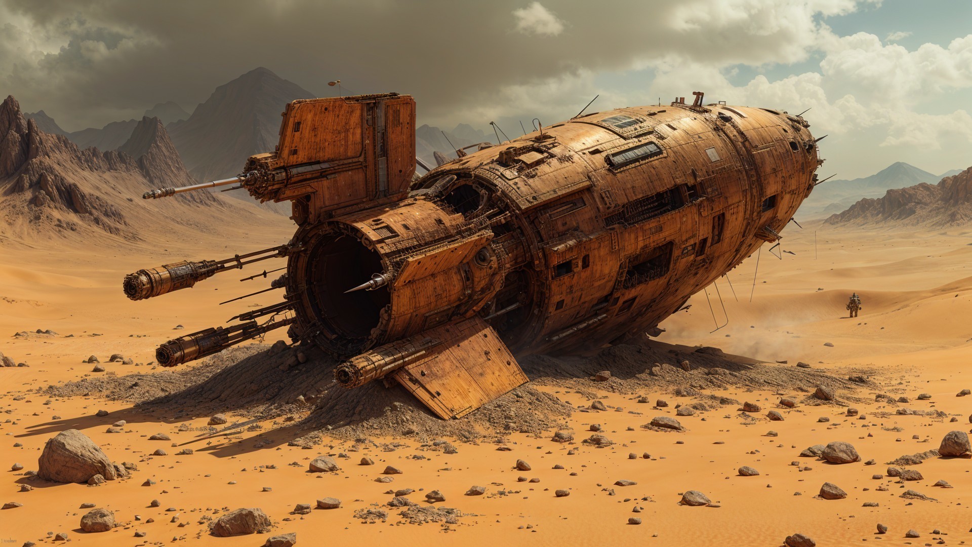 Weathered spacecraft in a vast arid desert landscape