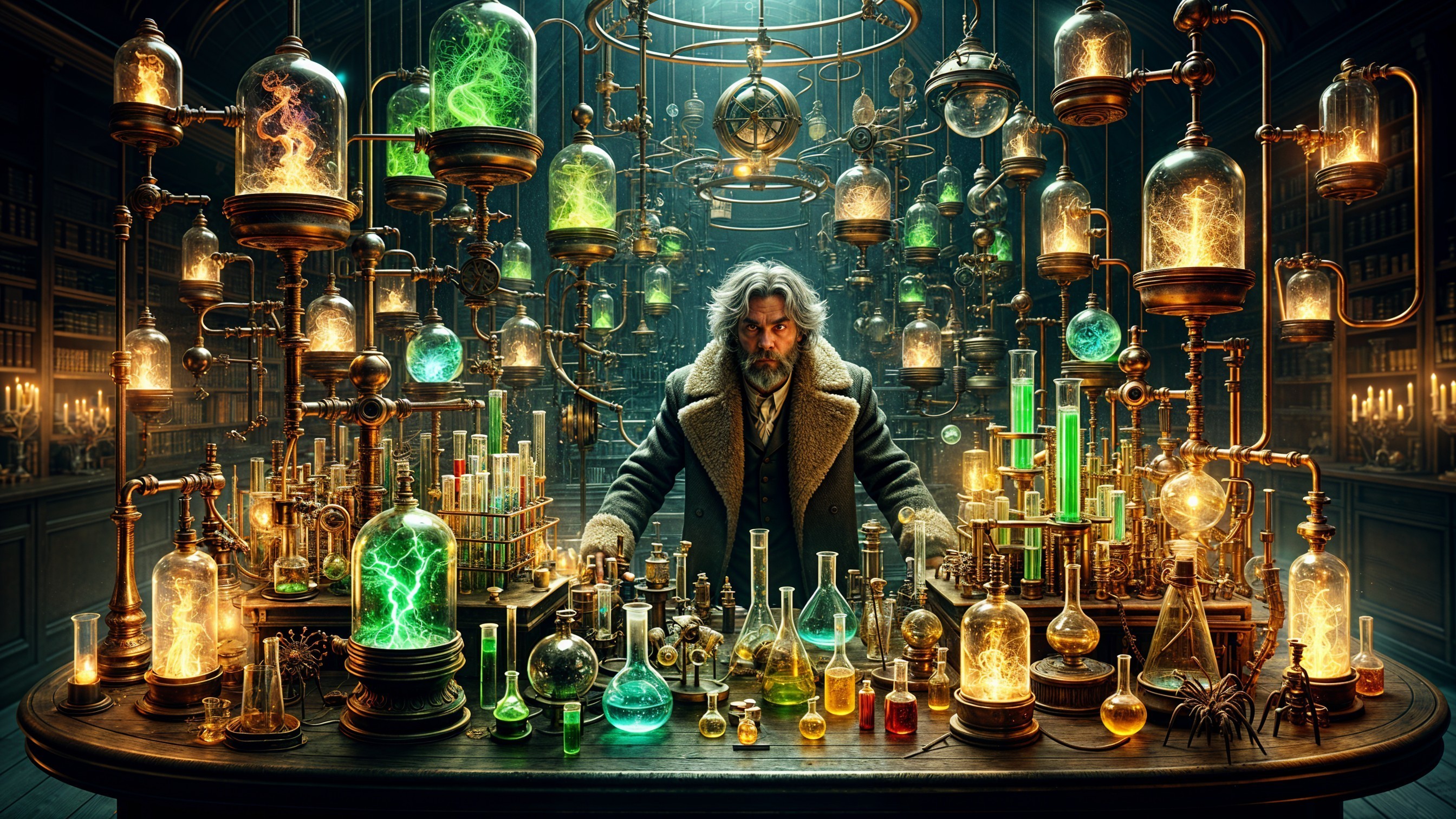 Mysterious Alchemist in Dimly Lit Laboratory Setting