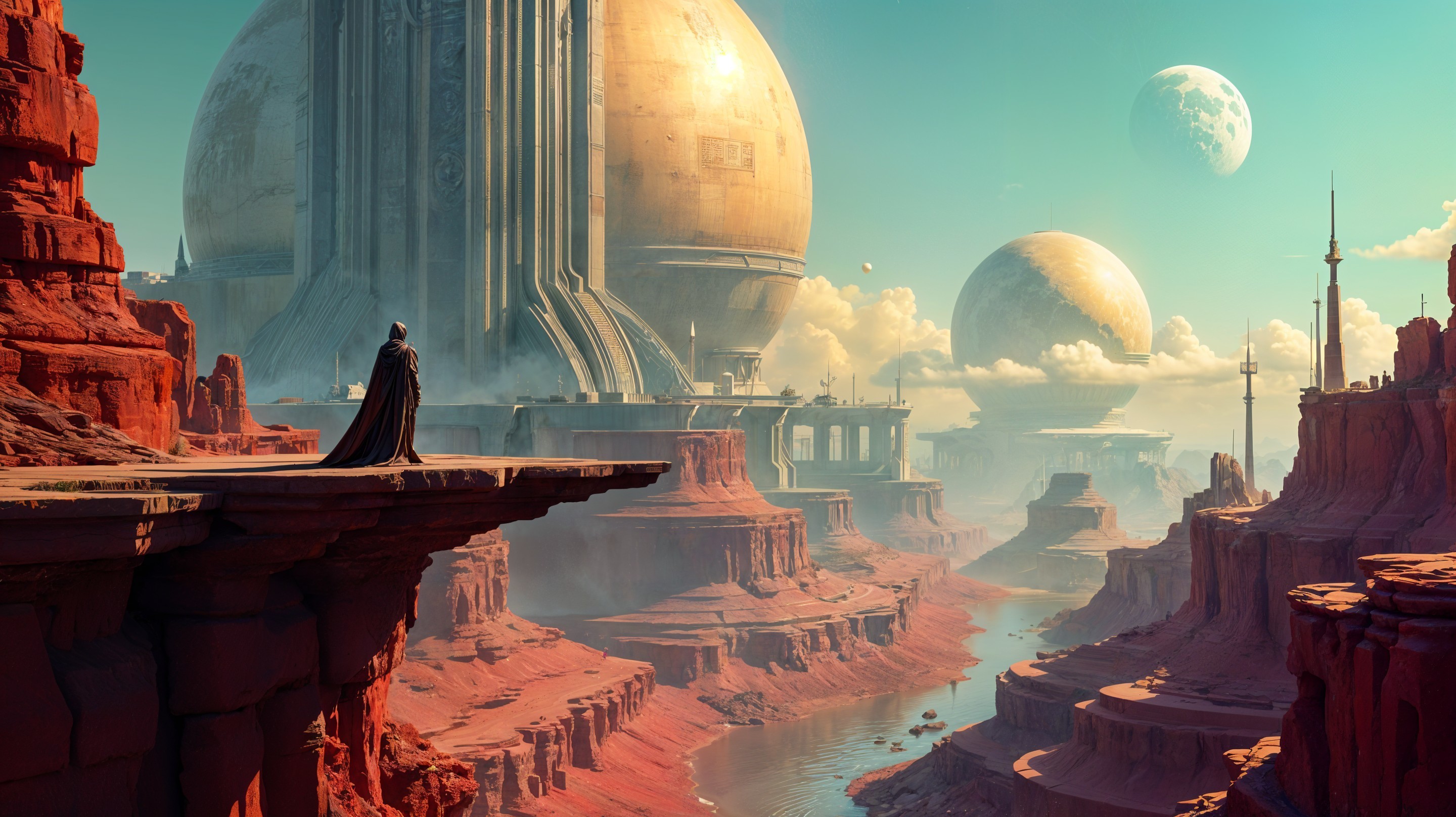 Cloaked Figure Overlooks Alien Landscape with Spheres