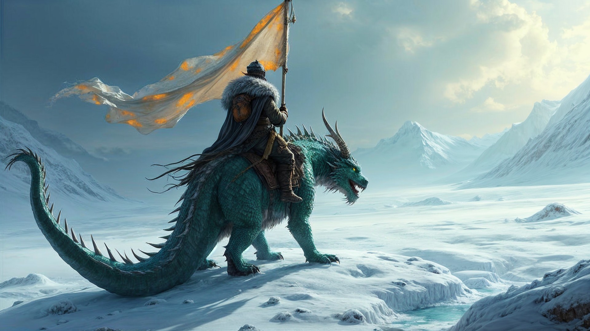 Figure on a turquoise dragon in a snowy landscape