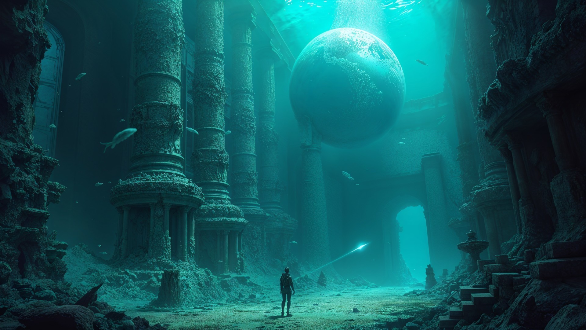Ancient underwater temple with glowing planet and marine life