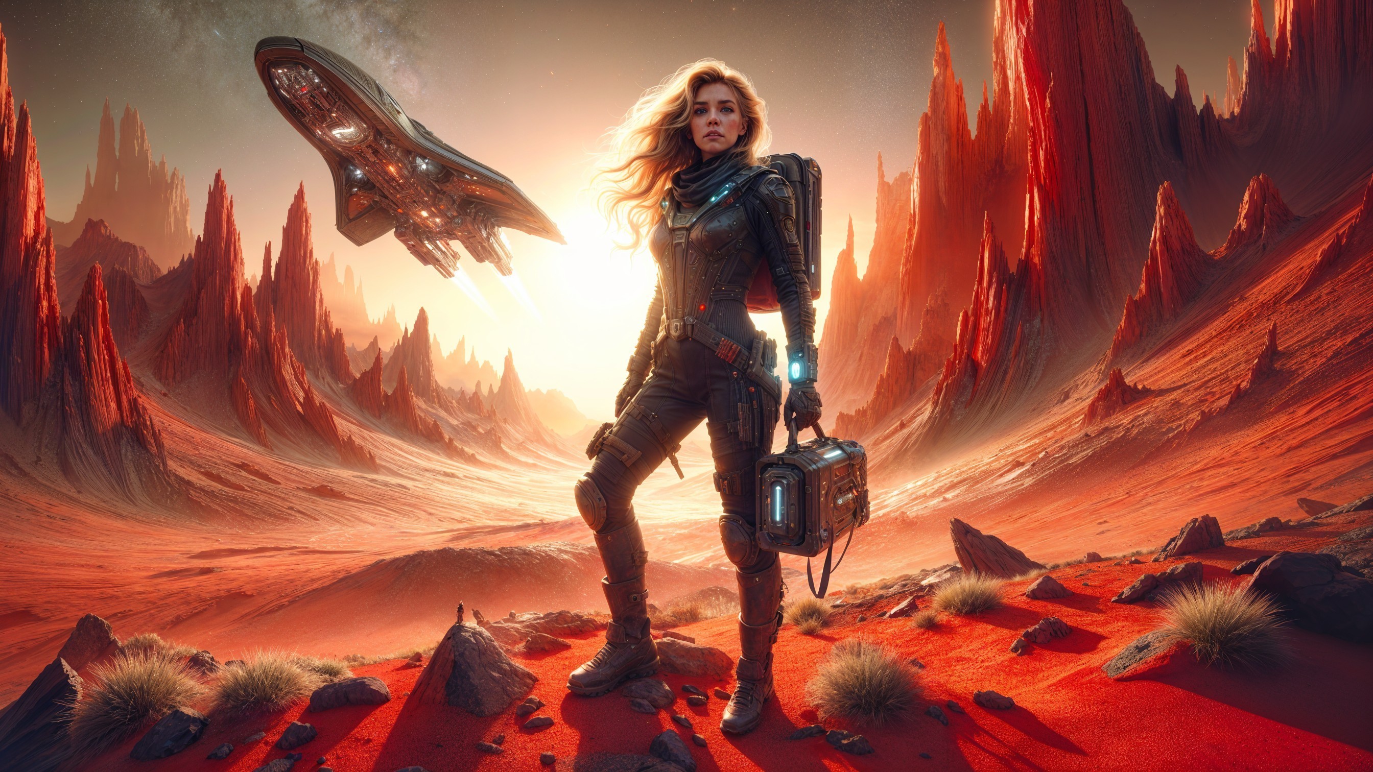 Astronaut in Futuristic Suit on Alien Landscape at Sunset