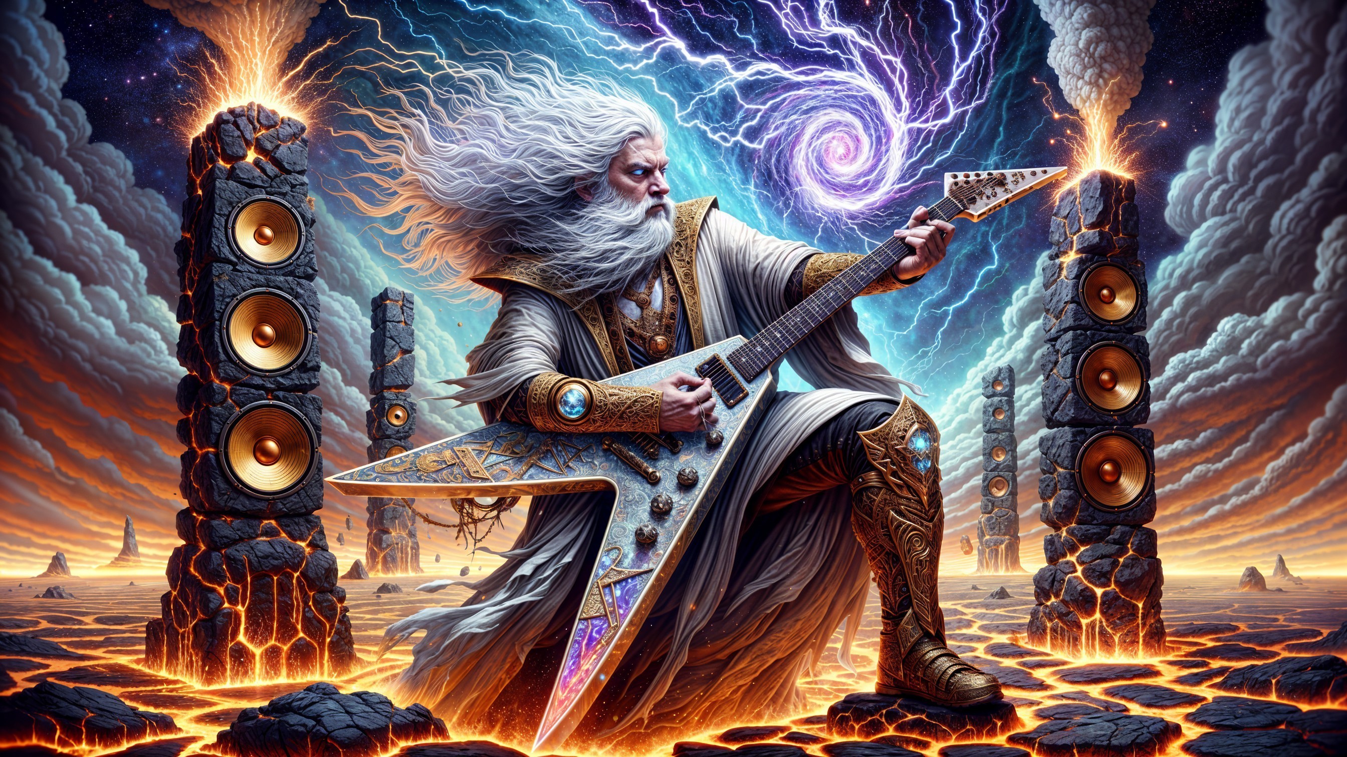 Mythical figure with white hair playing electric guitar