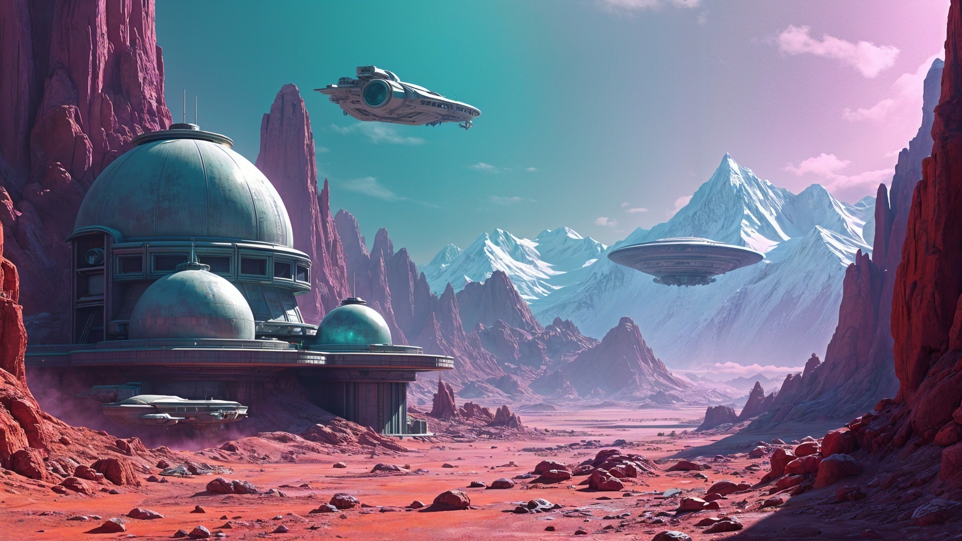 Futuristic landscape with red rock formations and spaceships