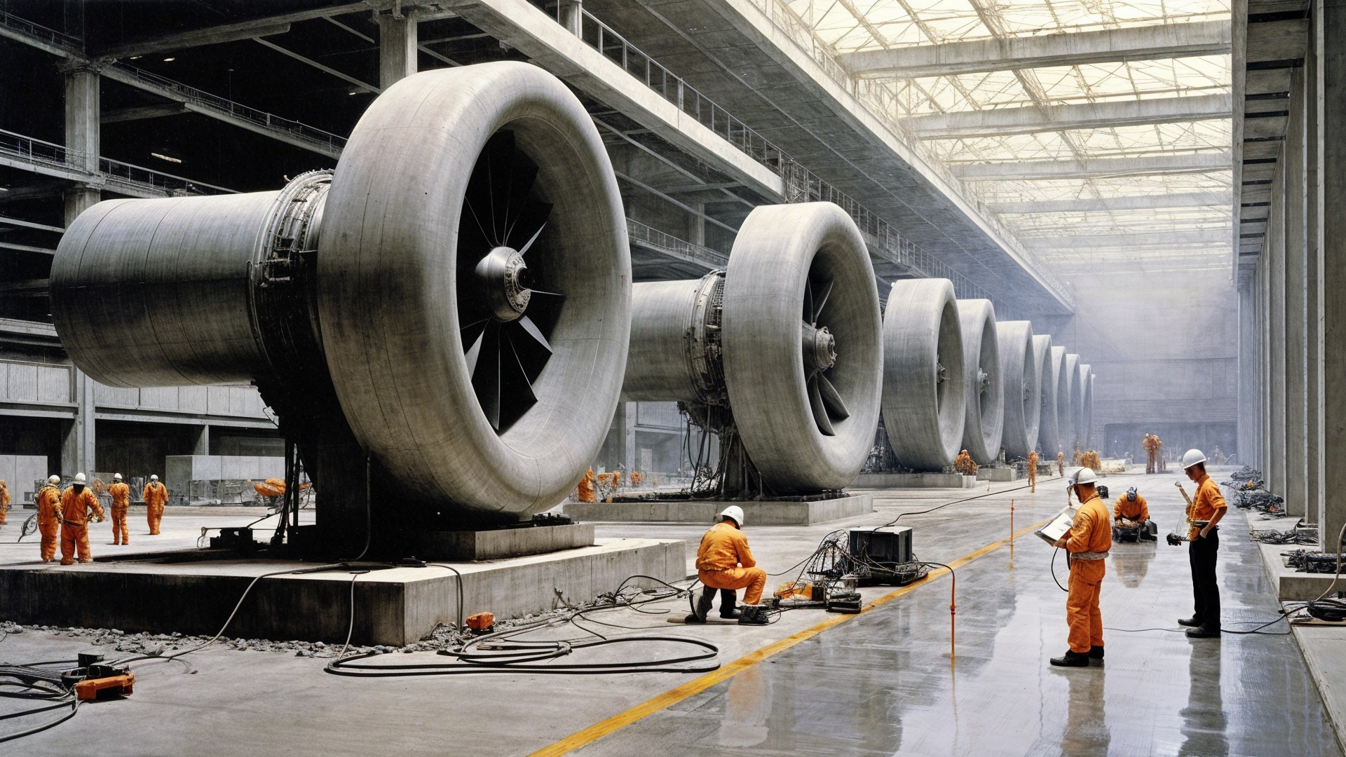 Industrial Space with Turbine Engines and Workers