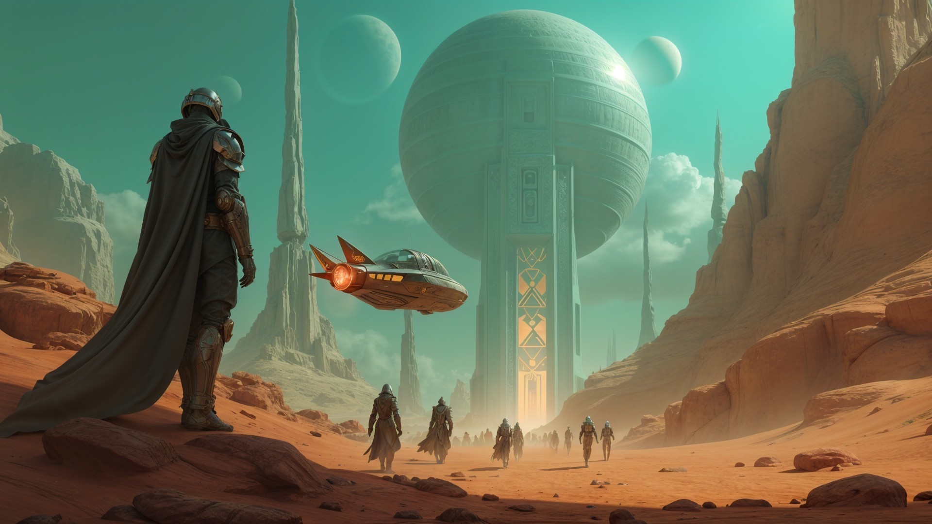 Lone Figure in Desert with Futuristic City and Planets