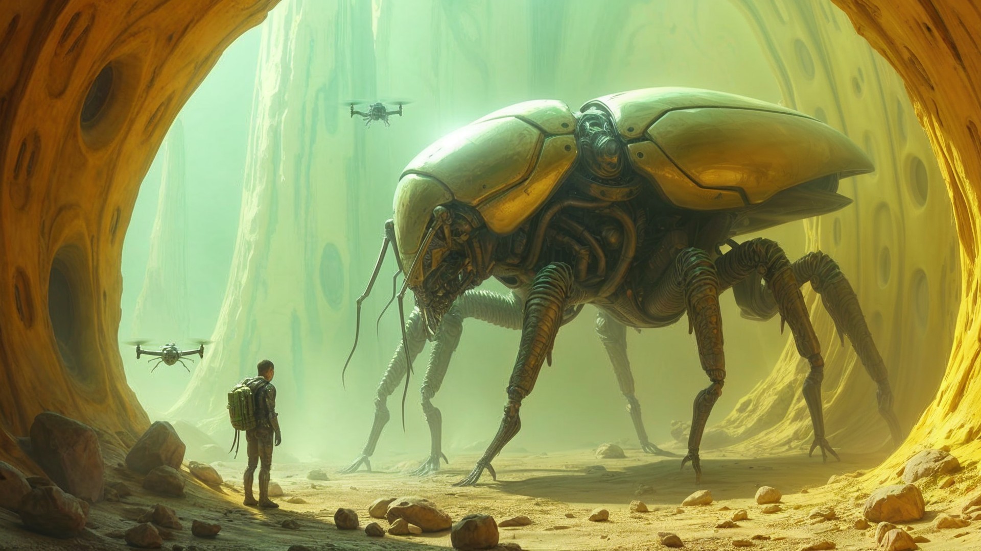 Surreal Cavern with Robotic Insect and Drones
