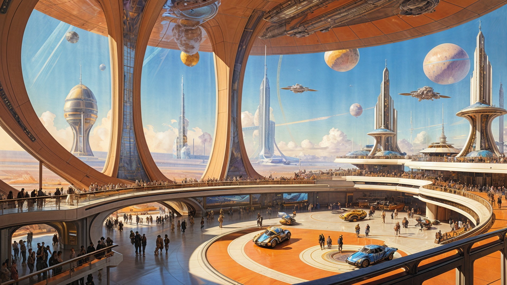 Futuristic Spaceport with Advanced Vehicles and Alien Landscape