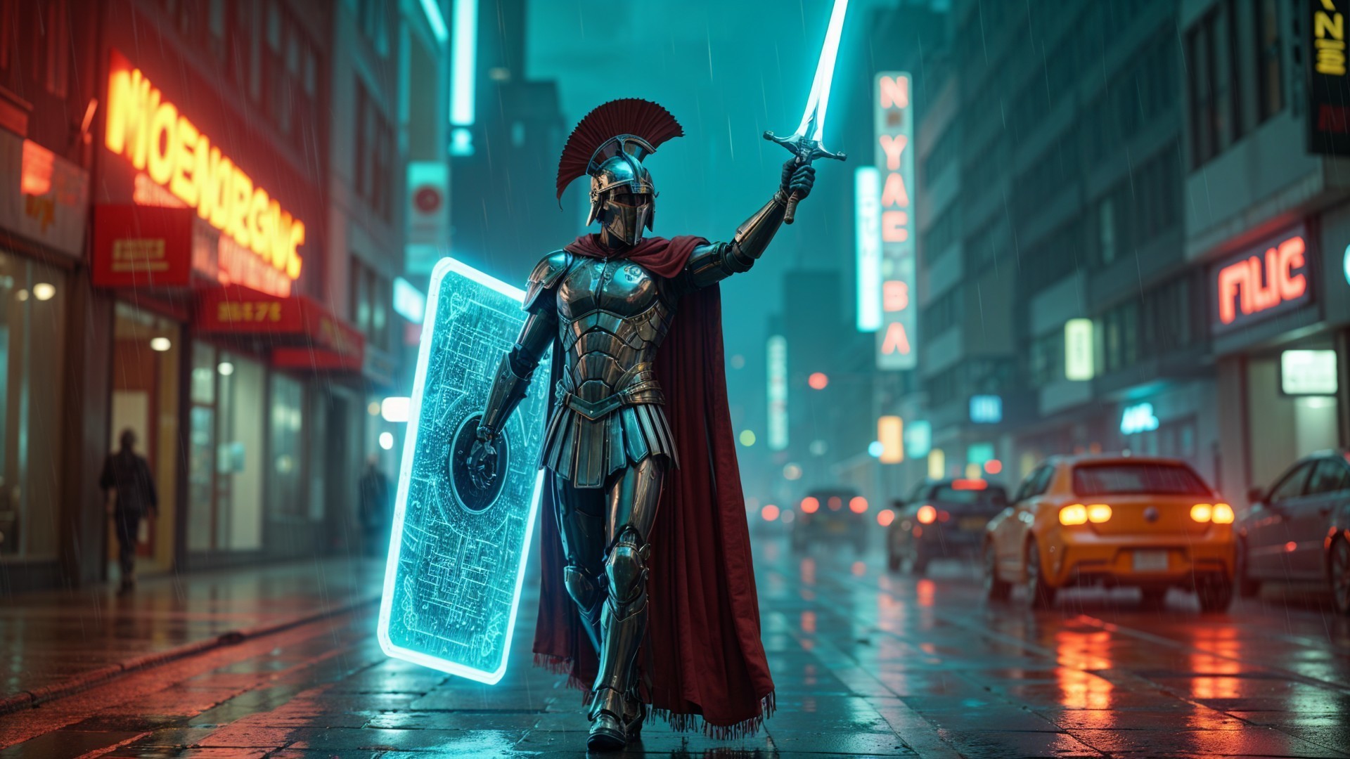 Futuristic warrior in armor with glowing sword and shield