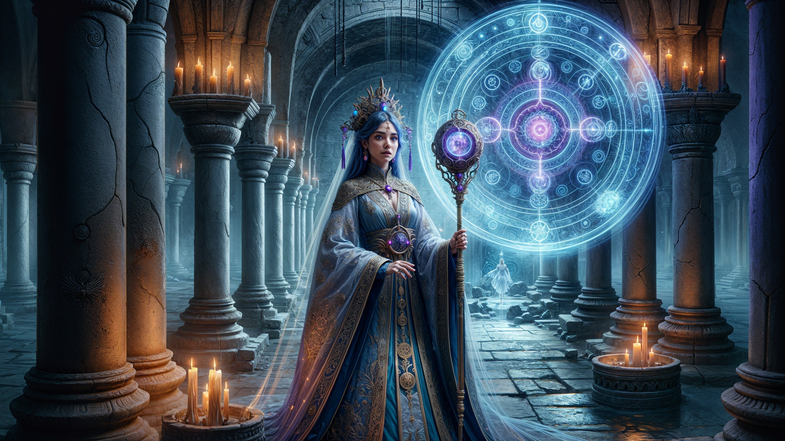 Regal Figure in Ancient Stone Chamber with Glyph