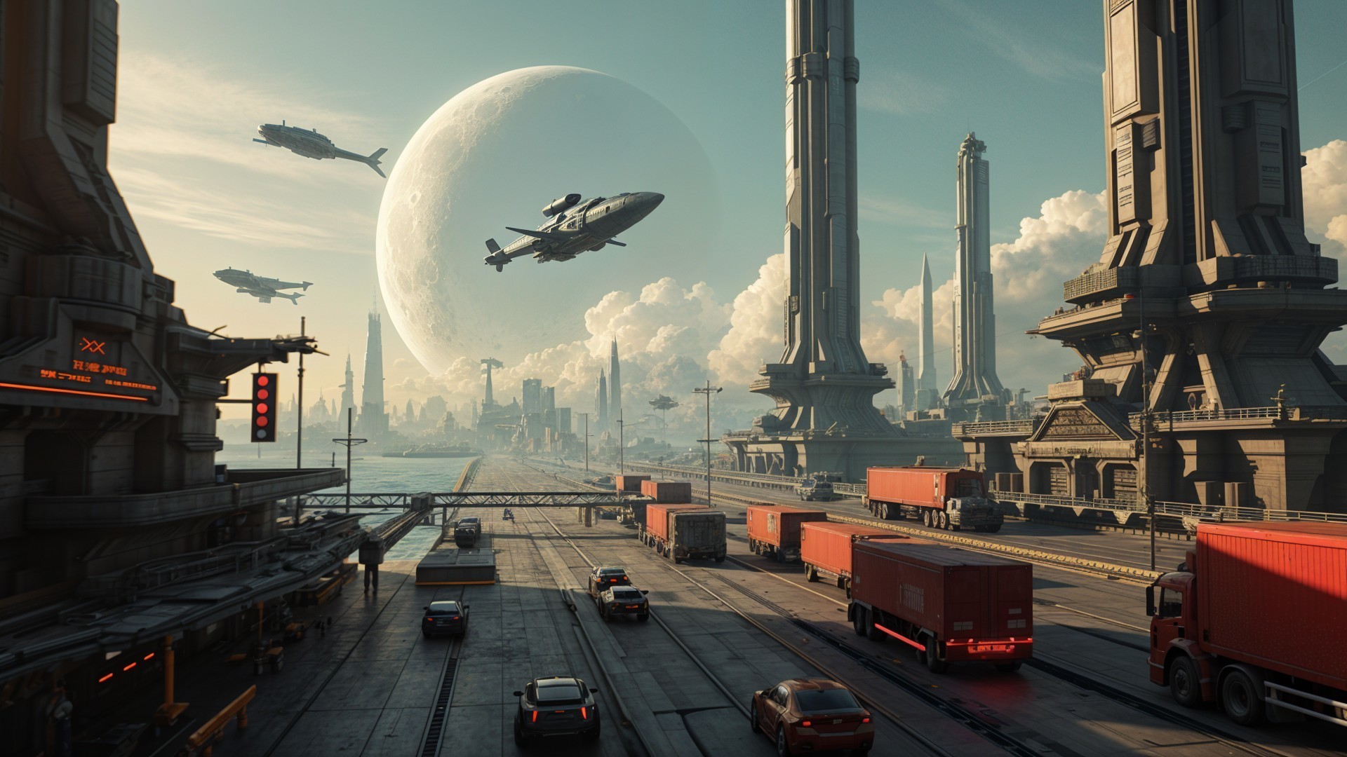 Futuristic cityscape with skyscrapers and airships