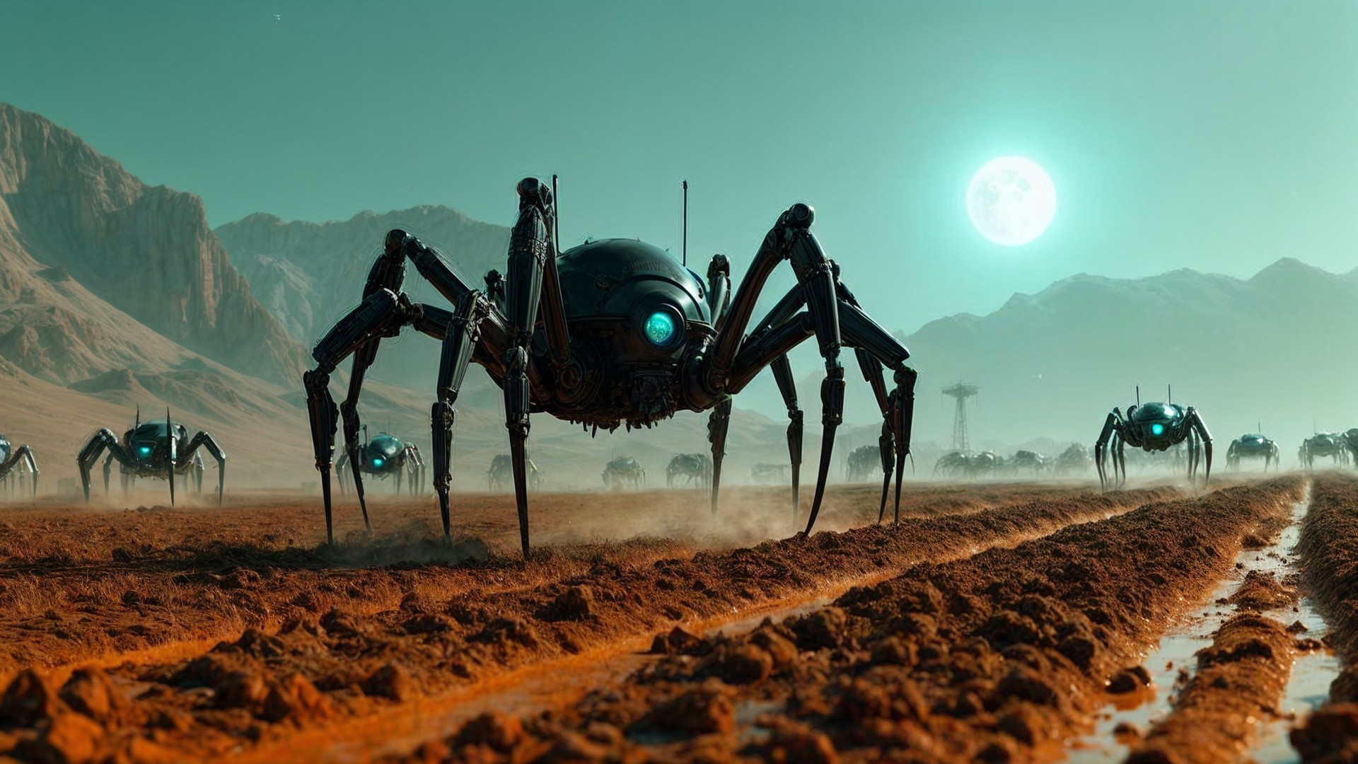 Surreal Landscape with Mechanical Spiders Under Moonlight