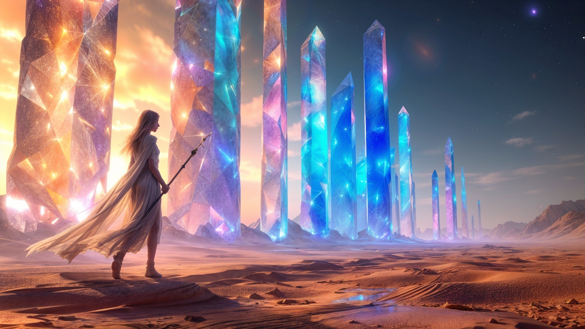Mystical landscape with radiant crystal structures at twilight