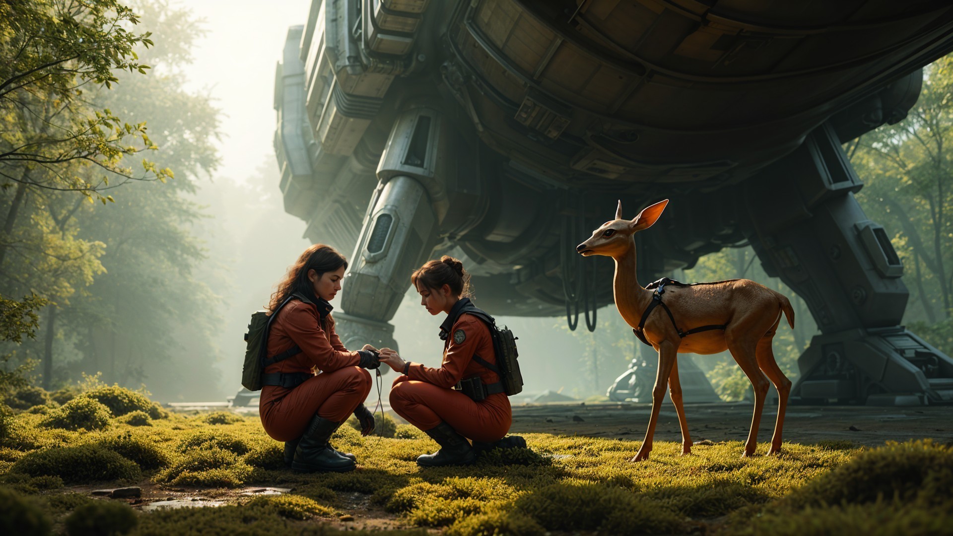 Astronauts in Nature with Futuristic Vehicle and Deer