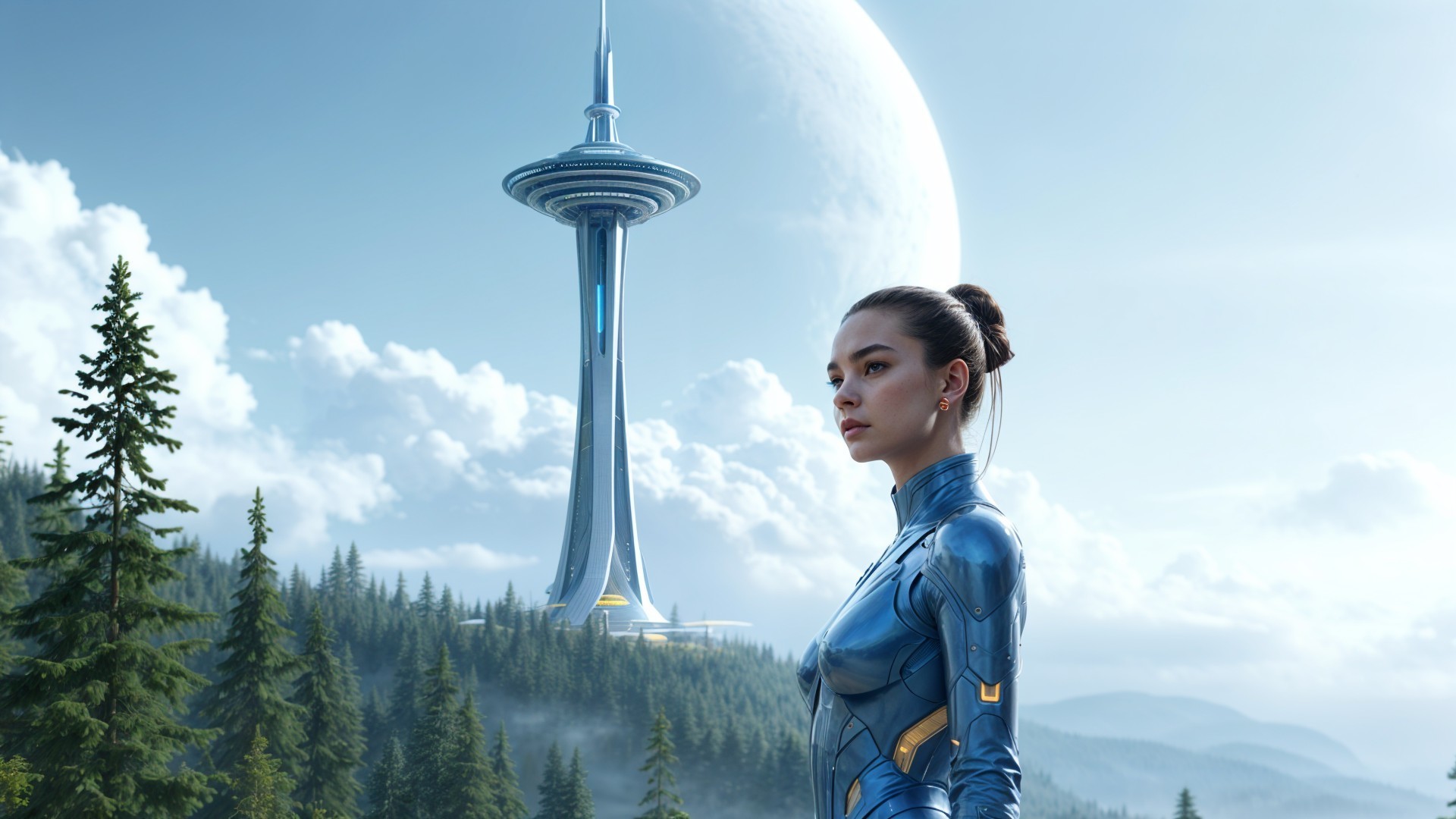 Futuristic Landscape with Confident Figure and Tower
