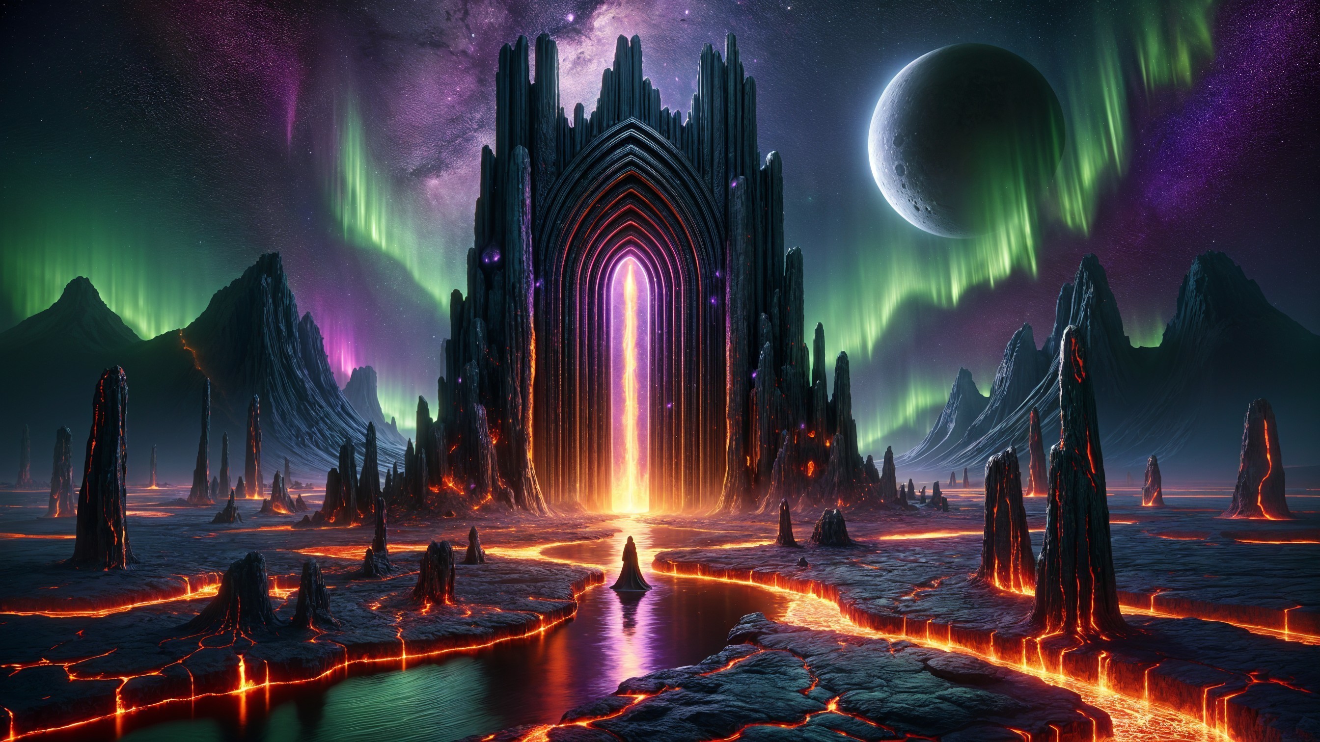 Surreal Landscape with Fiery Arches and Auroras