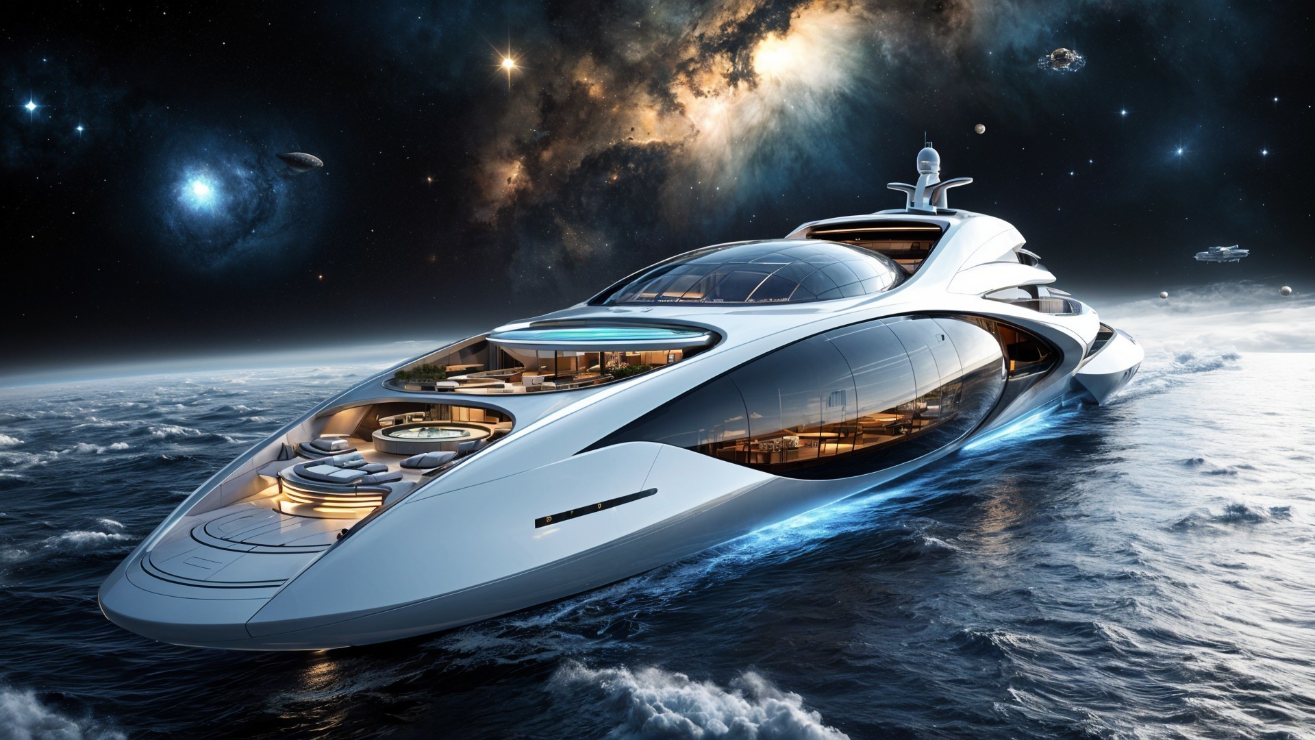 Futuristic Yacht in a Cosmic Sea with Luxurious Design