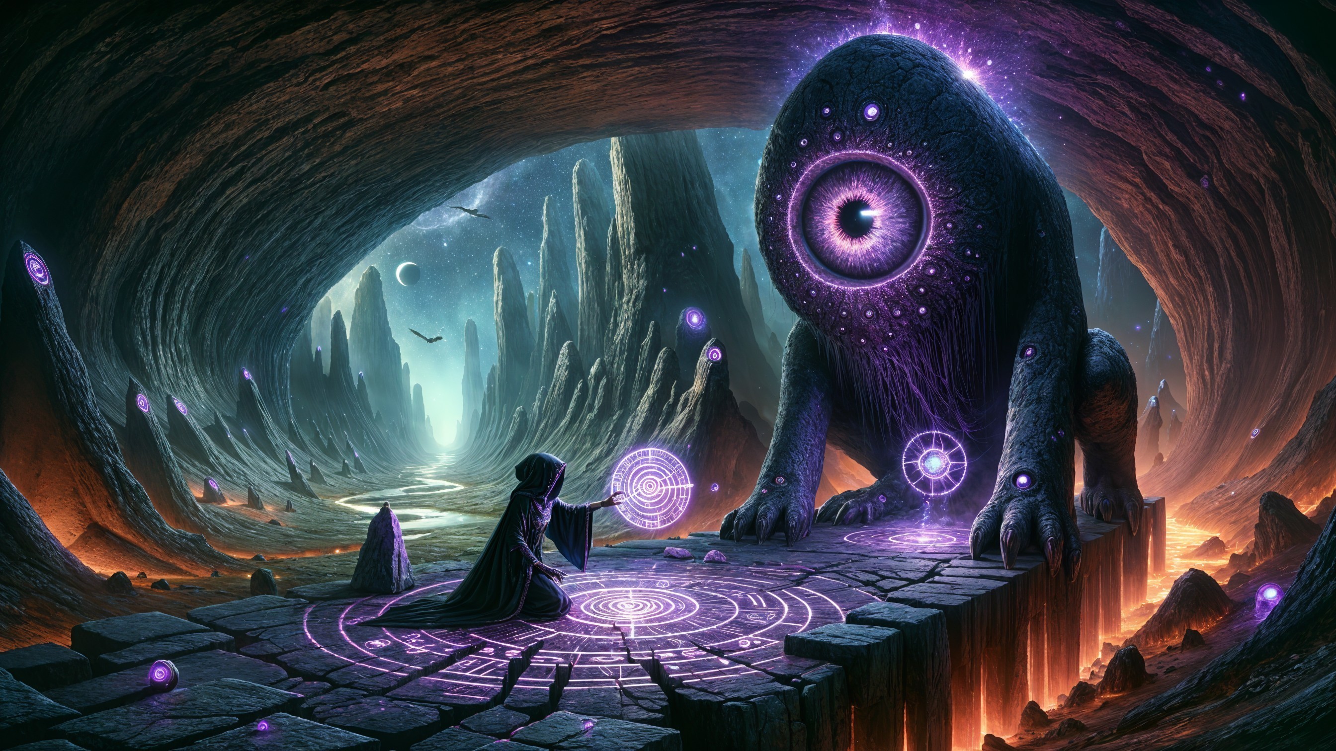 Hooded Figure and Glowing Eye Creature in Mystical Cave