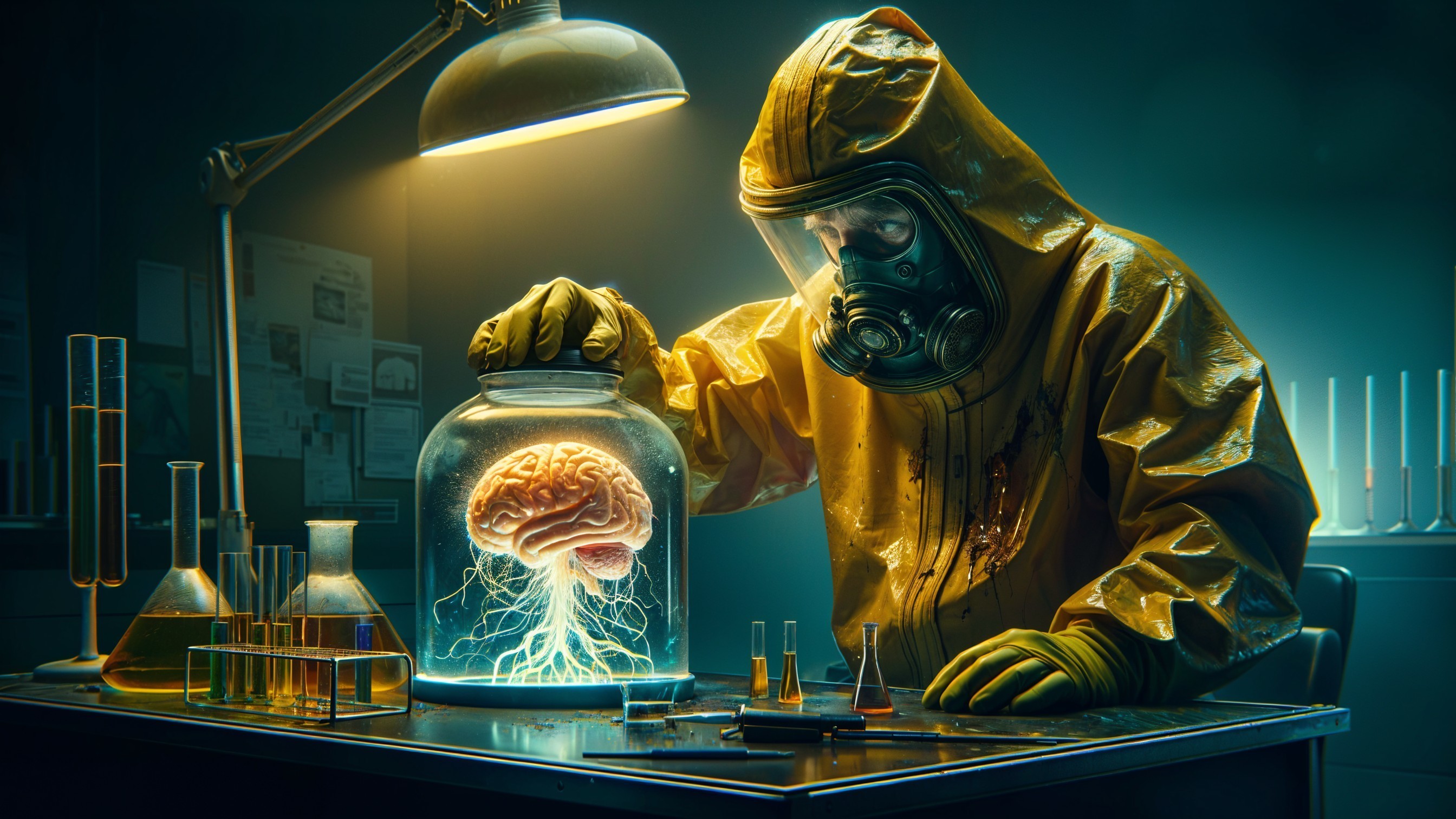Scientist in Hazmat Suit Examines Glowing Electric Brain