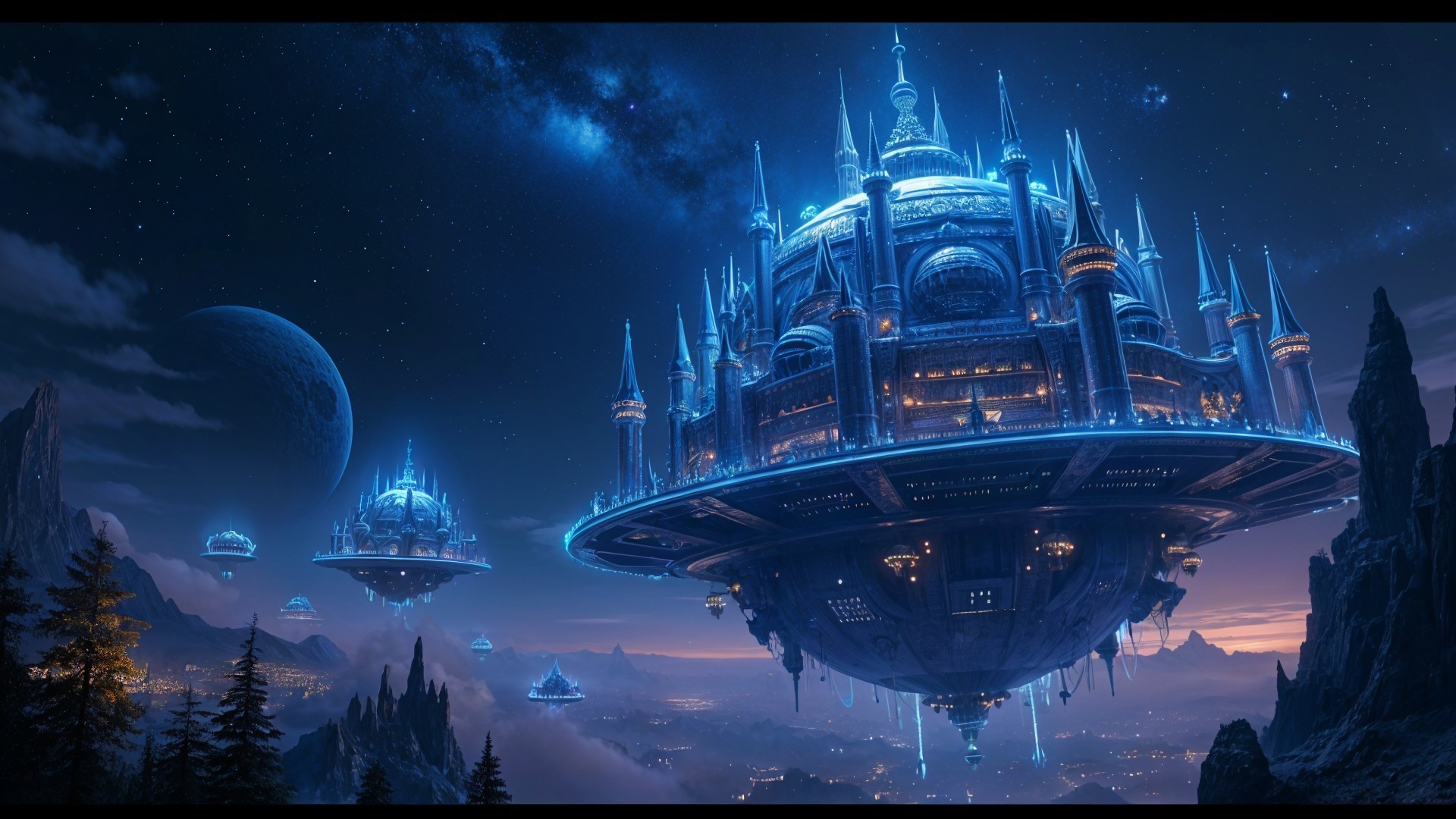 Futuristic landscape with floating structures and stars