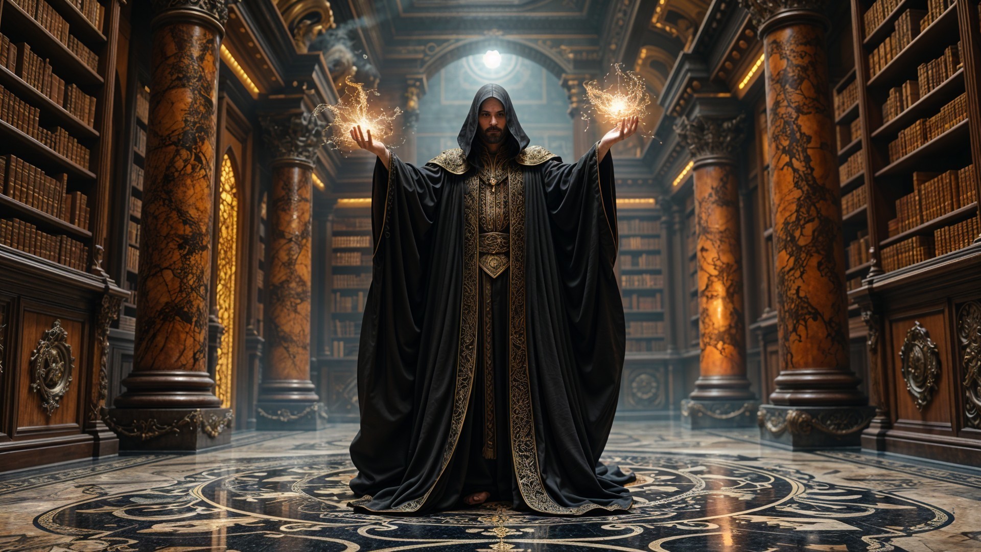 Cloaked Figure Conjuring Light in Opulent Library