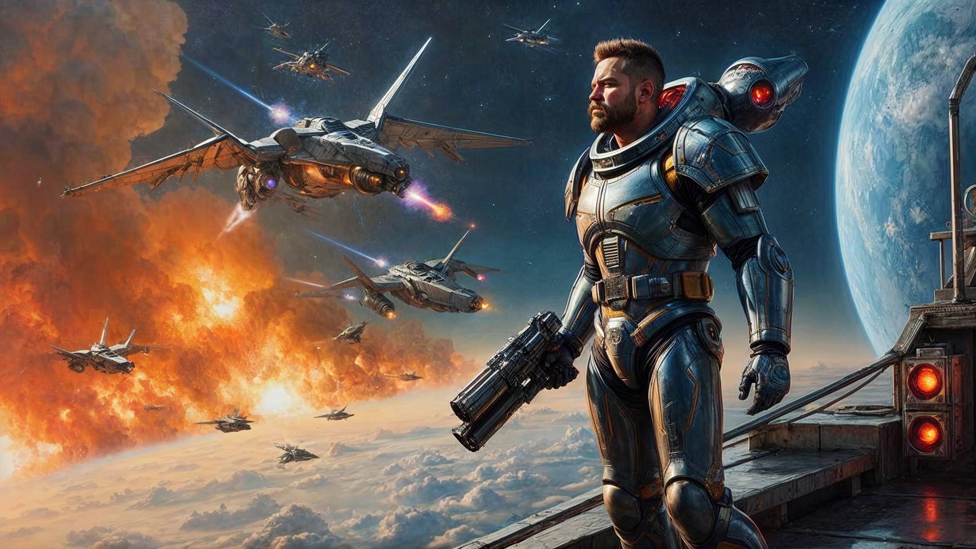 Futuristic battle scene with armored hero in space