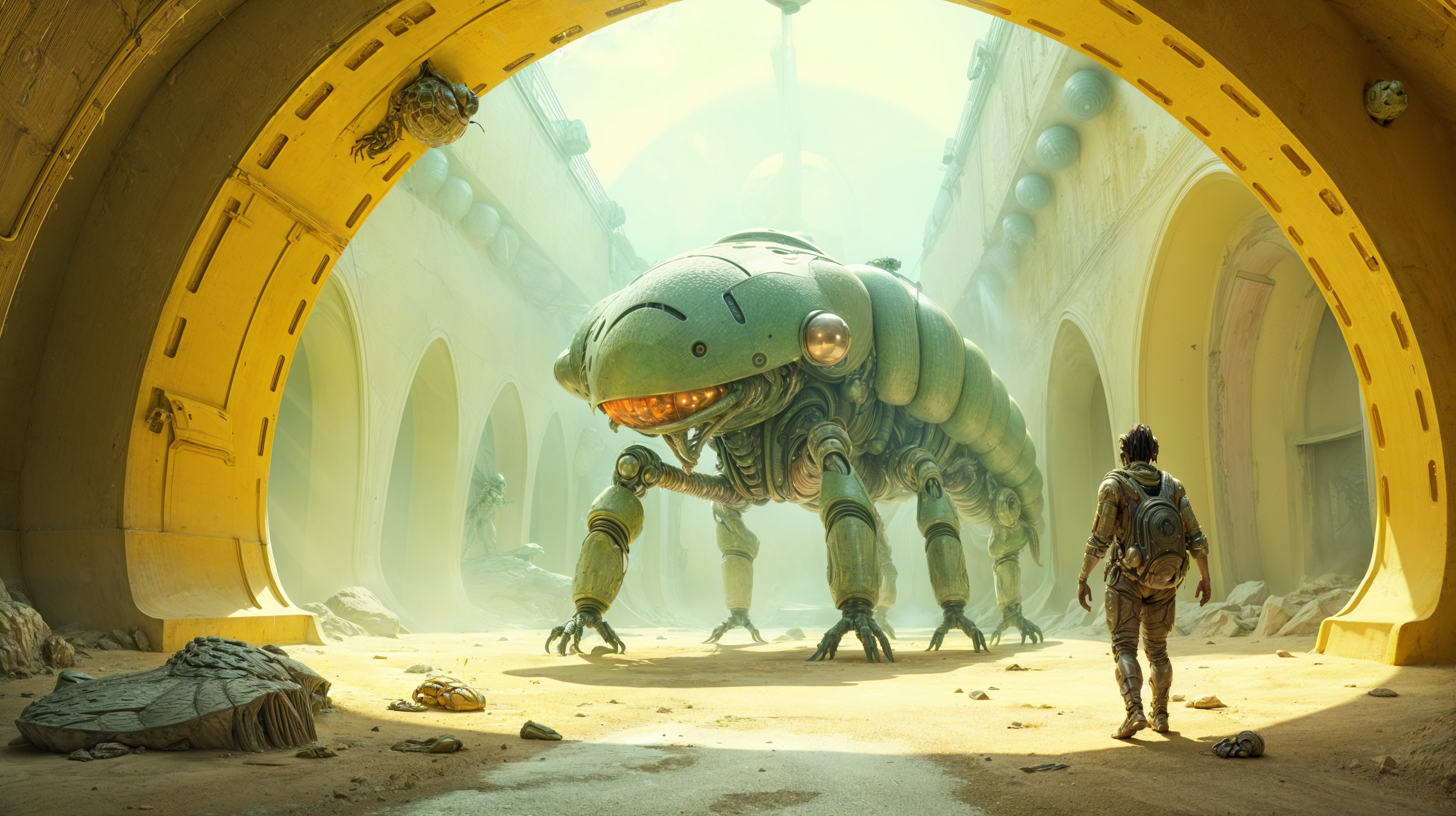 Futuristic Scene of a Figure and Humanoid Frog Robot