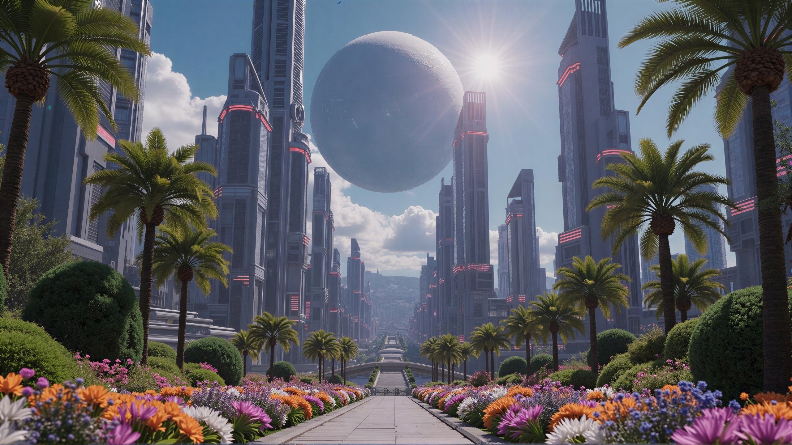 Futuristic cityscape with glowing skyscrapers and gardens