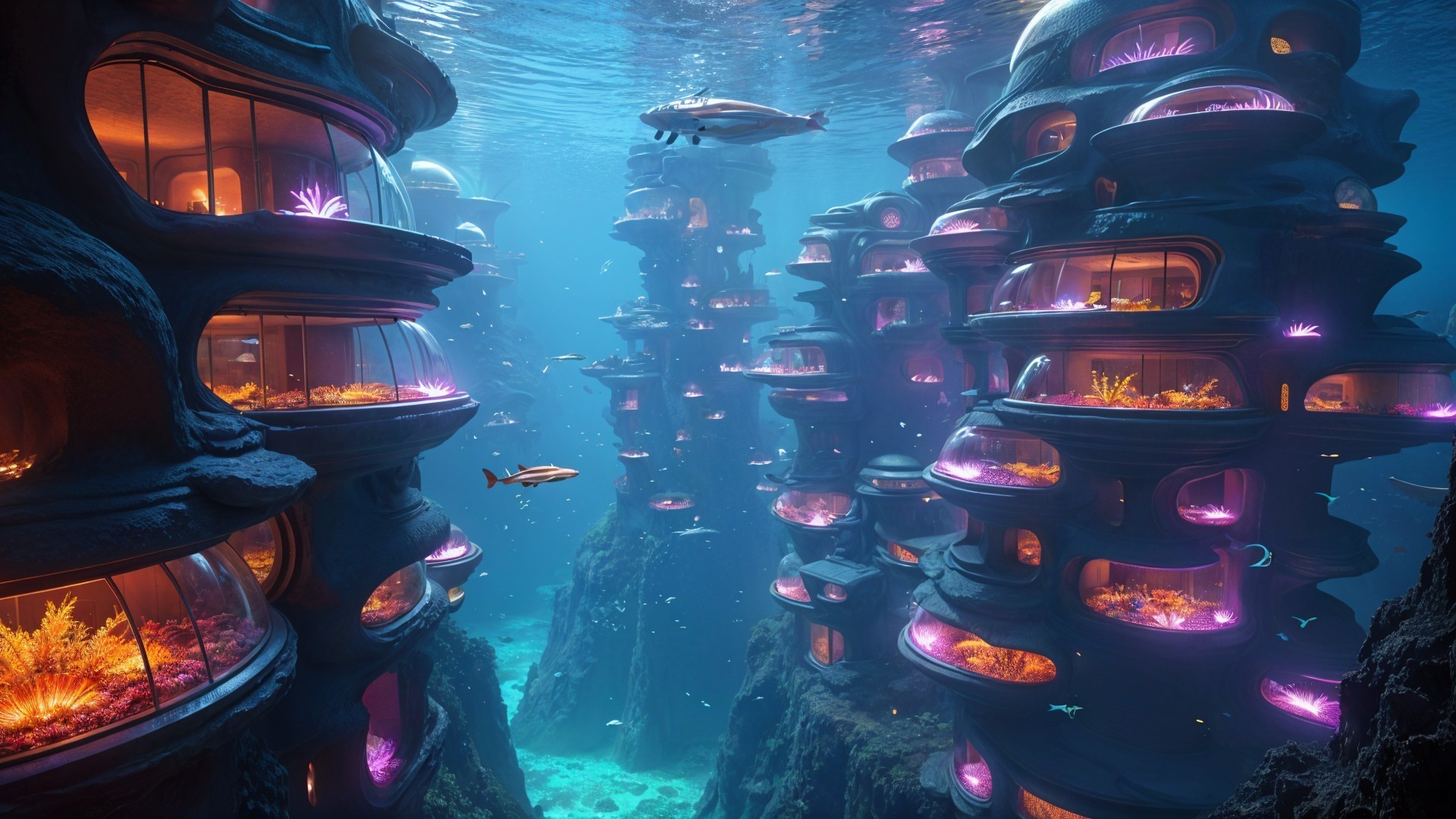 Underwater City with Organic Designs and Vibrant Lights