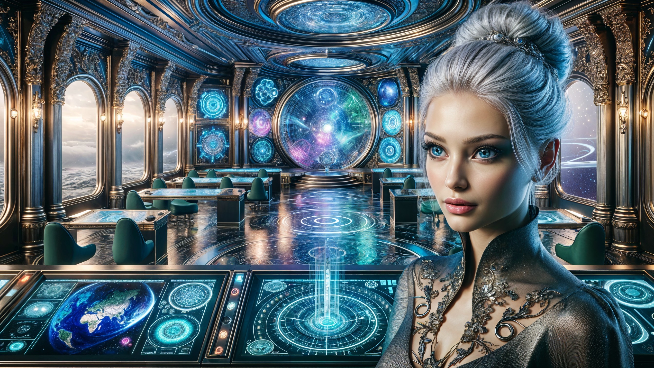 Futuristic Setting with Silver-Haired Woman and Holograms