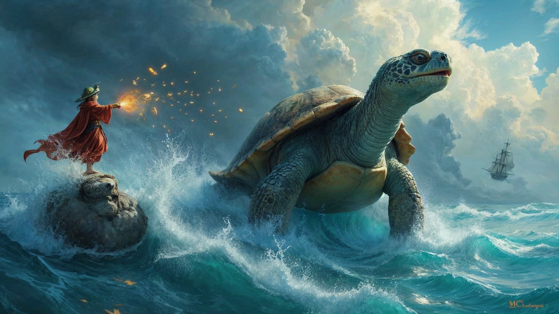 Mystical Turtle and Cloaked Figure in Ocean Scene