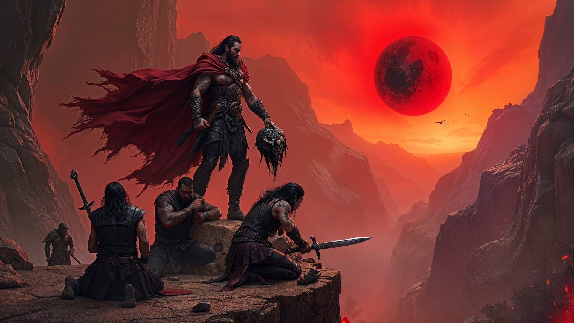 Warrior on Ledge Under Blood-Red Moonlight