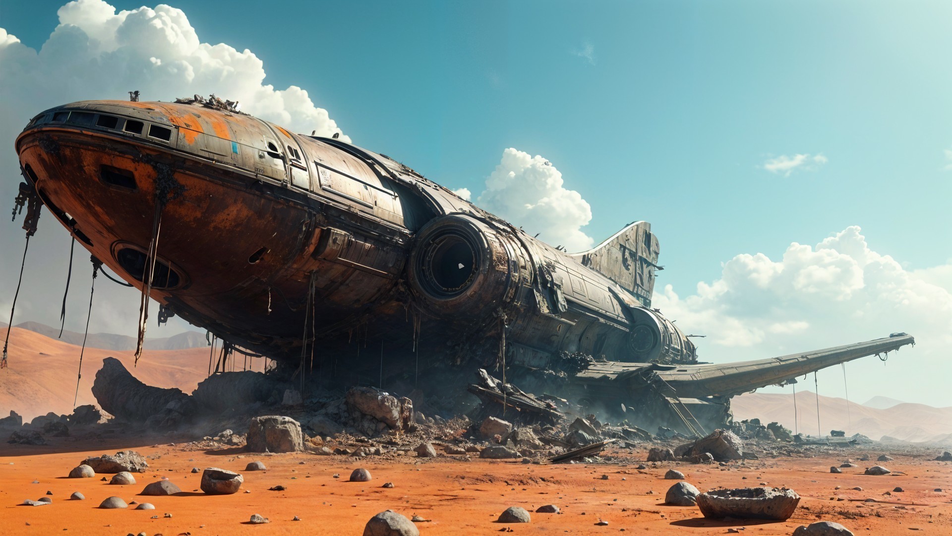 Abandoned Spaceship on Orange Desert Landscape