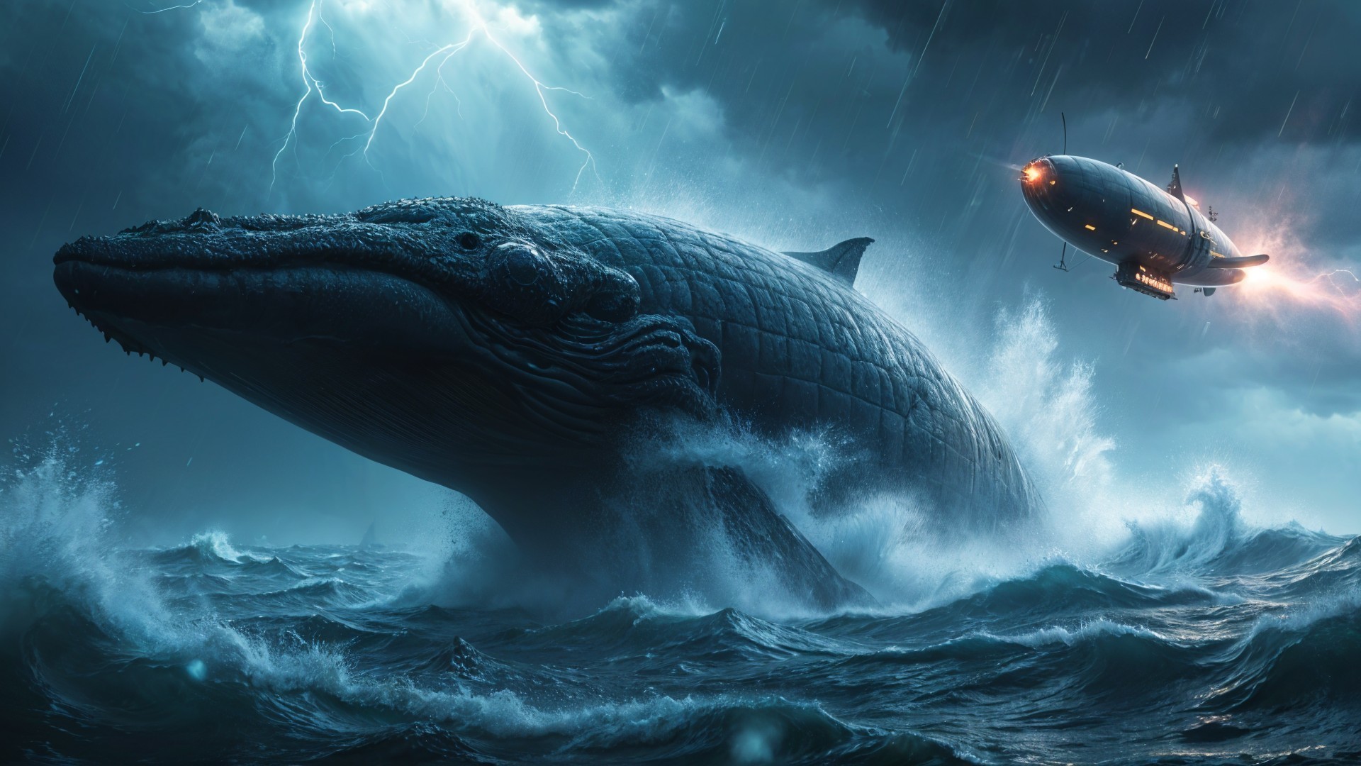 Whale Breaching in Stormy Ocean with Airship Above