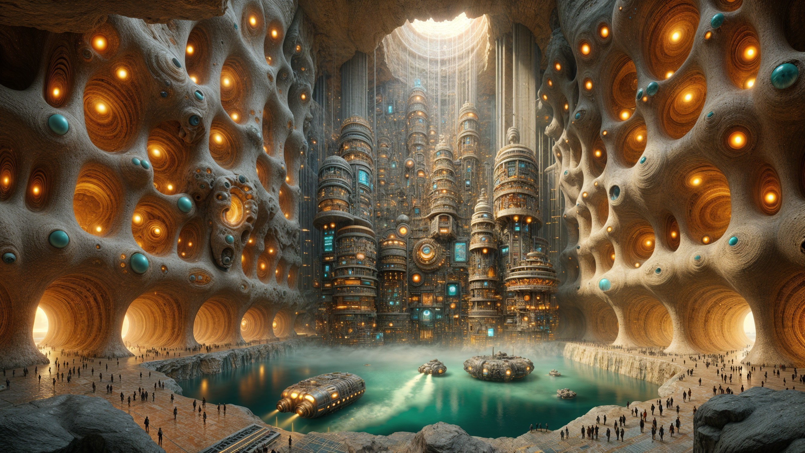 Underground city with glowing architecture and water