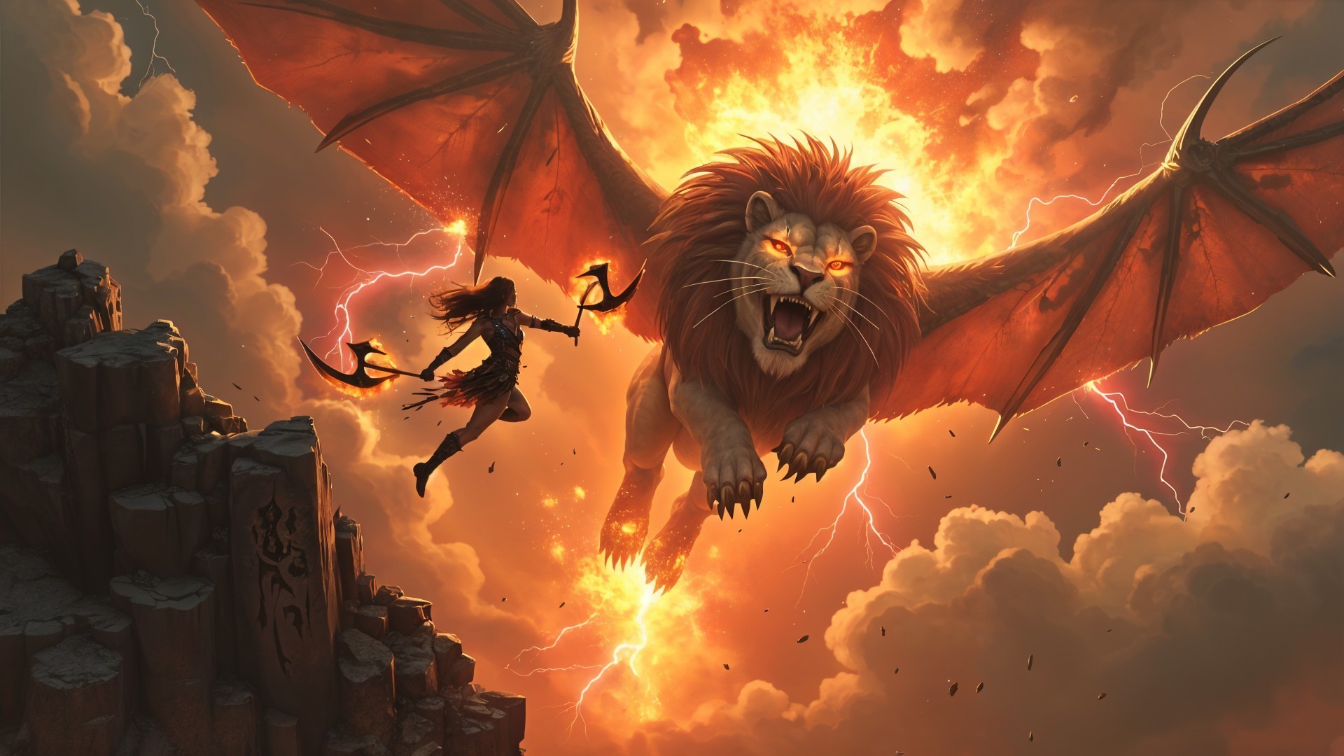 Warrior Confronts Fiery Winged Lion in Stormy Setting