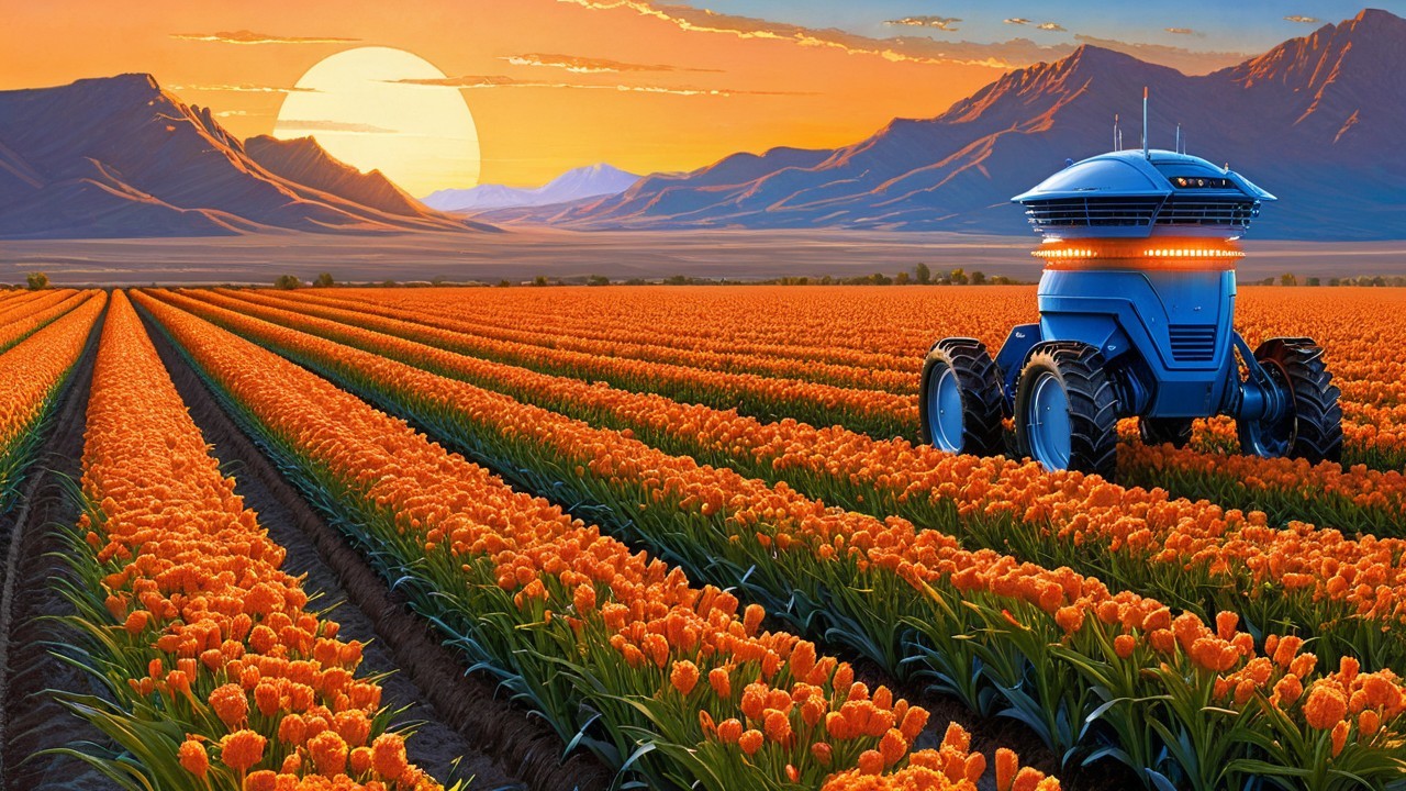 Futuristic Robot in Tulip Field at Sunset