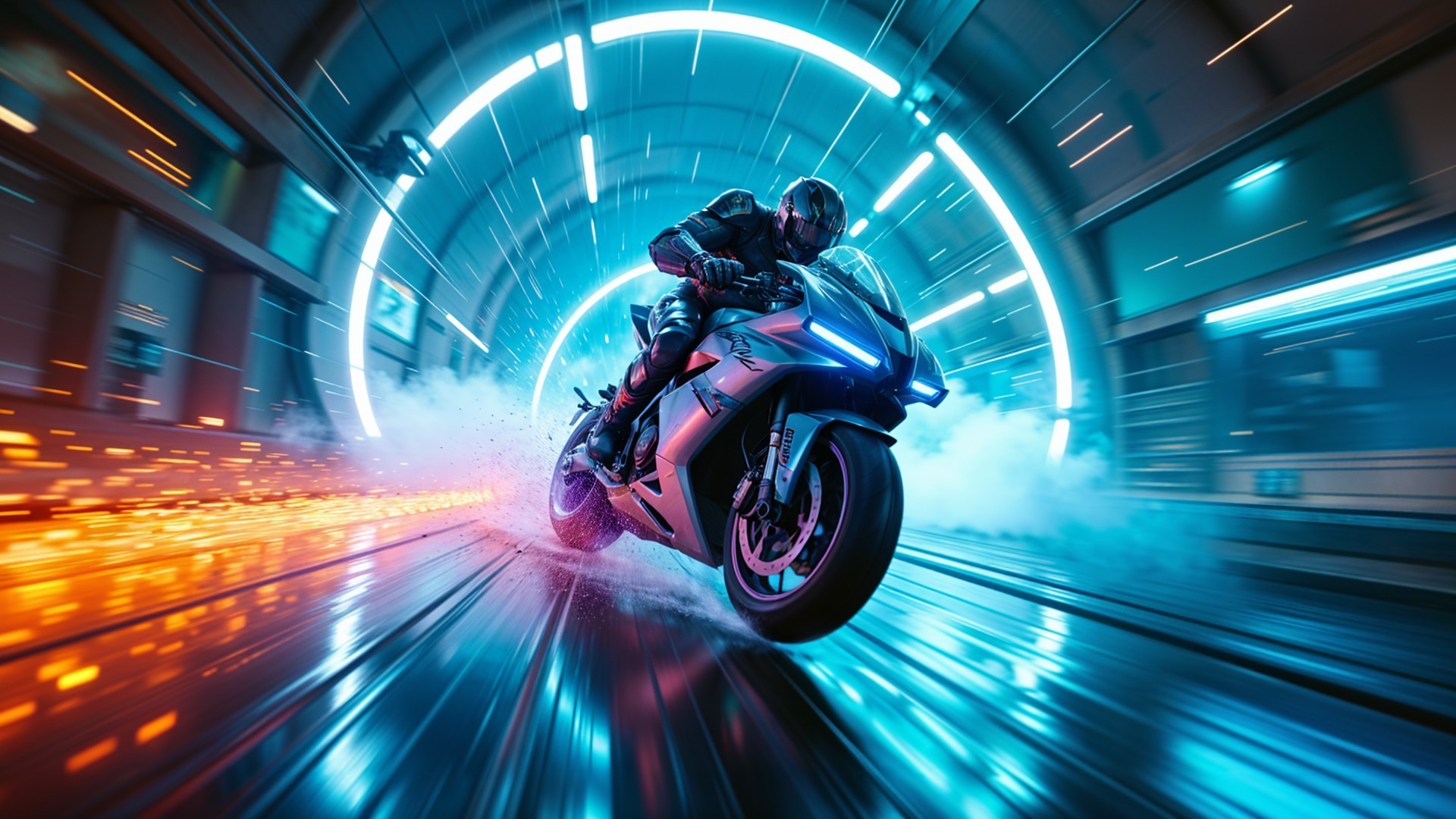 Futuristic Motorcycle in Neon-Lit Tunnel Scene