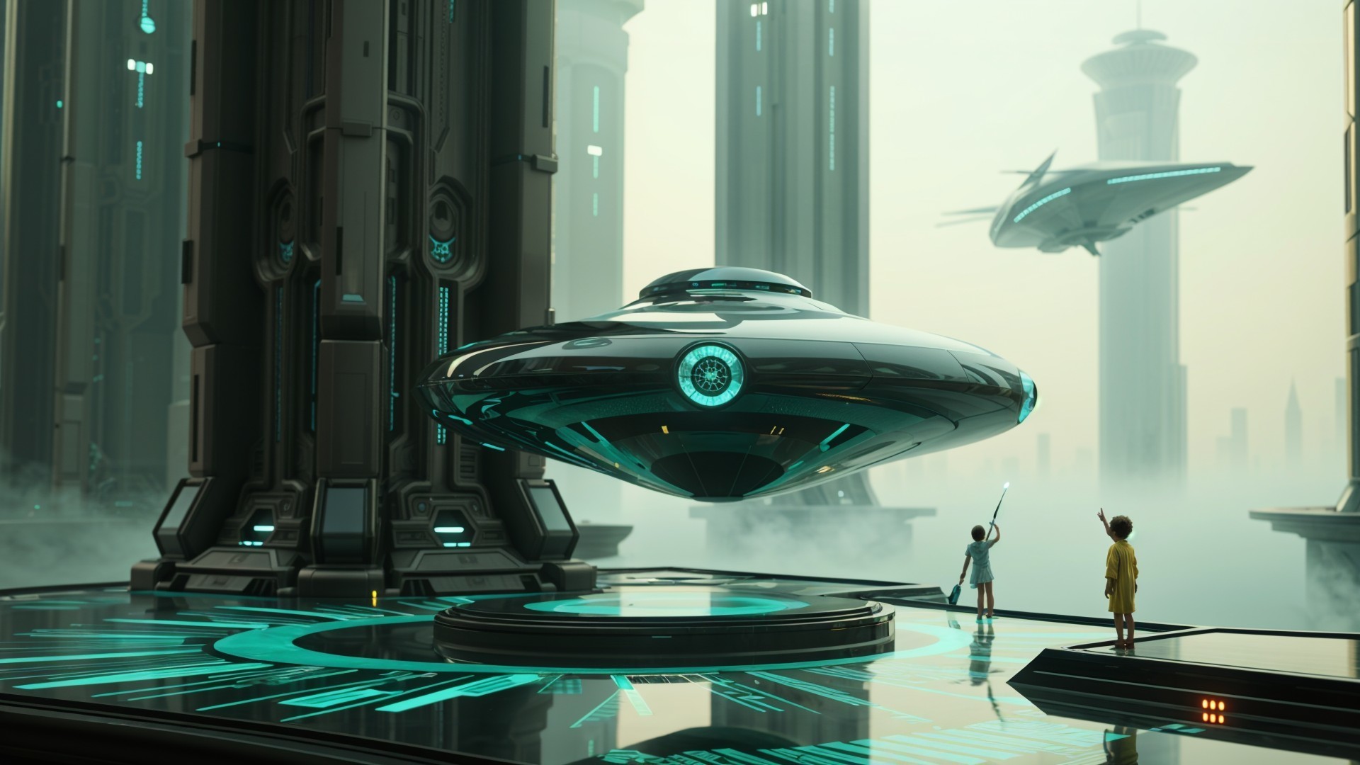 Futuristic Hovering Spacecraft Above Advanced Cityscape