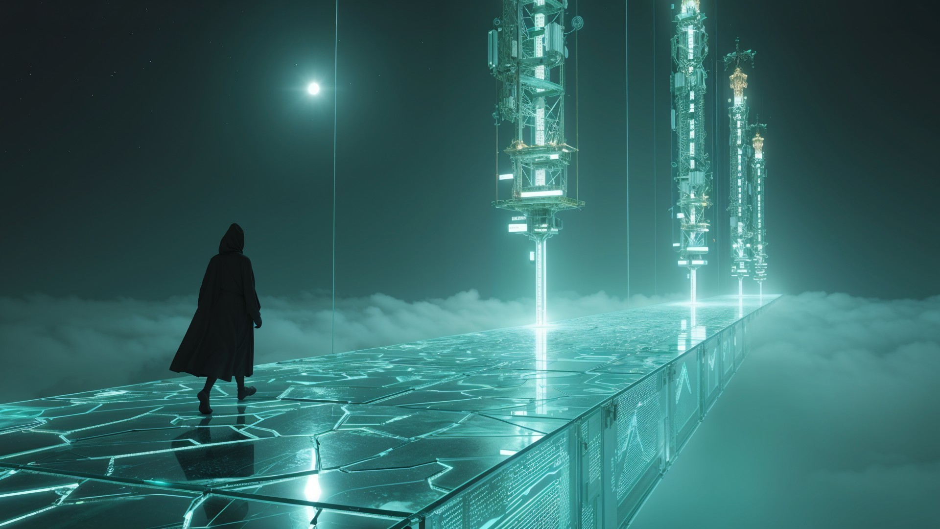Futuristic pathway with cloaked figure and glowing lights